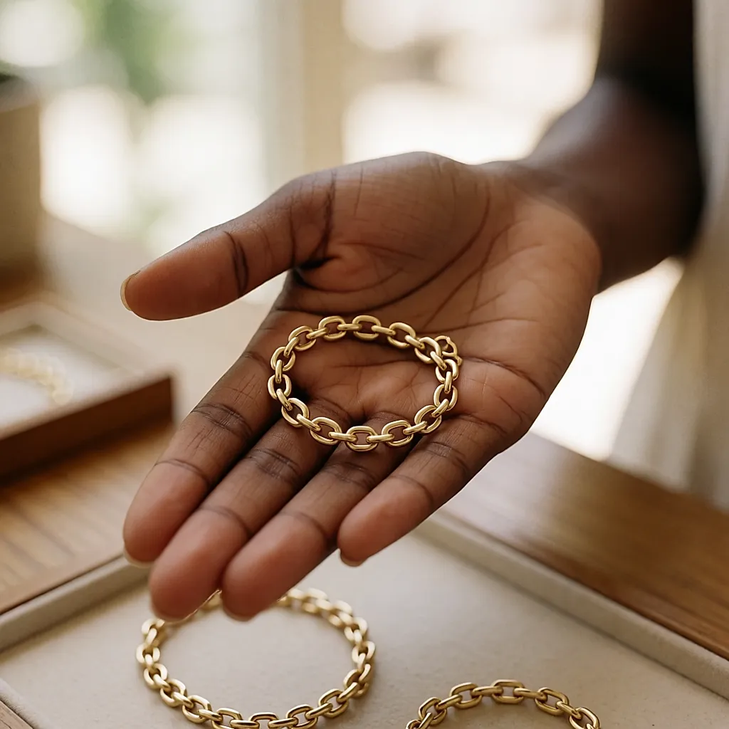 Un bracelet en maillons creux posé dans le creux d'une main ouverte