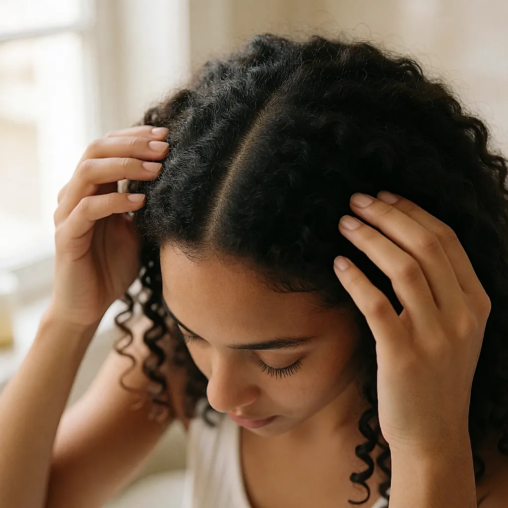Cuir chevelu visible le long de la raie, doigts qui écartent doucement les cheveux
