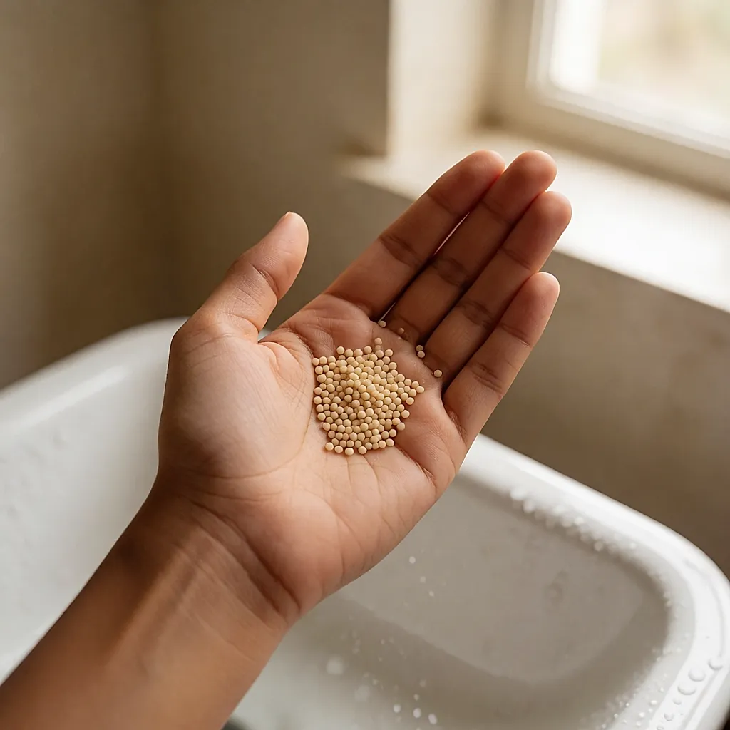 Une noisette de gommage au sucre dans la paume, au-dessus du lavabo
