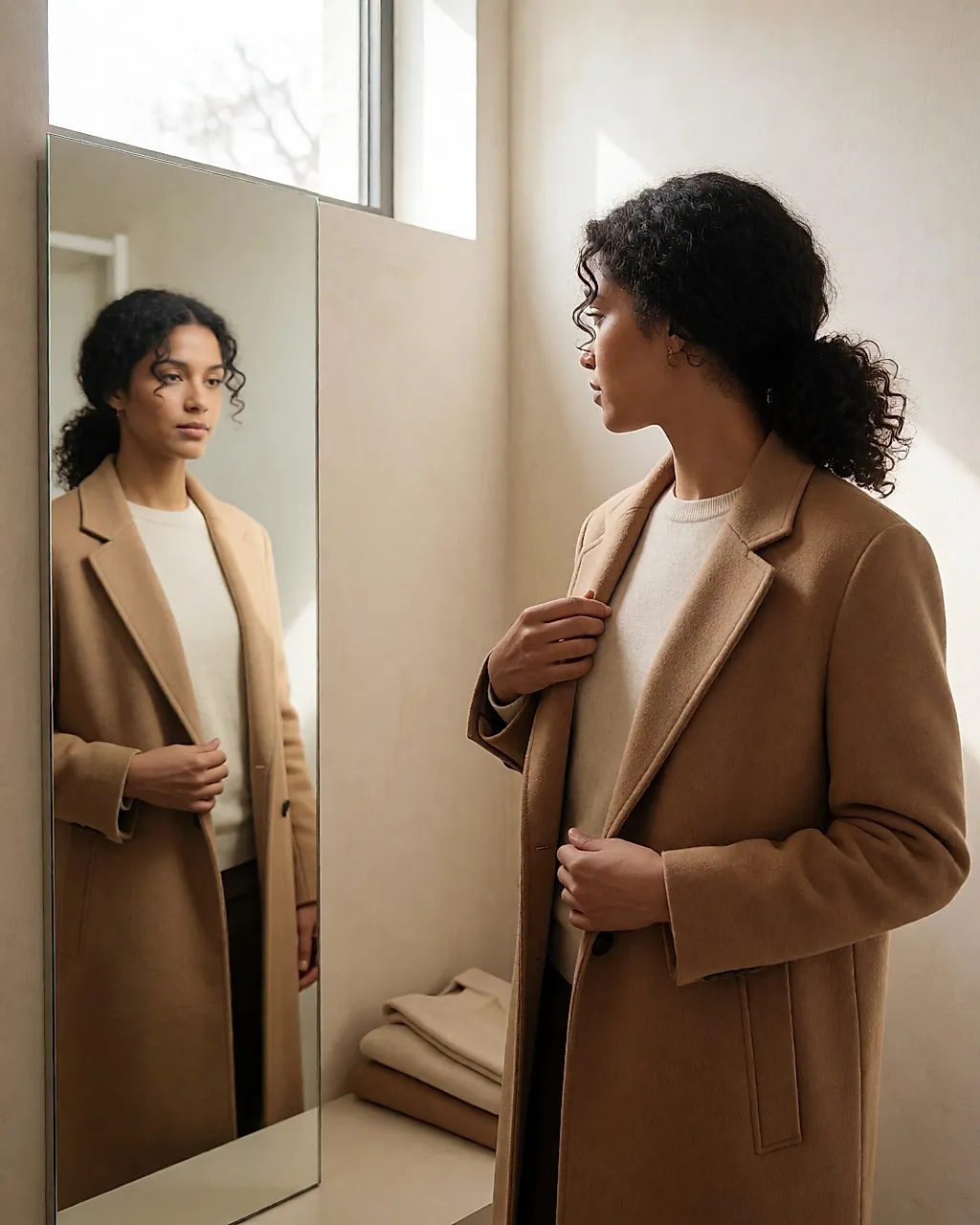 Young woman adjusting a wool coat in a fitting-room mirror