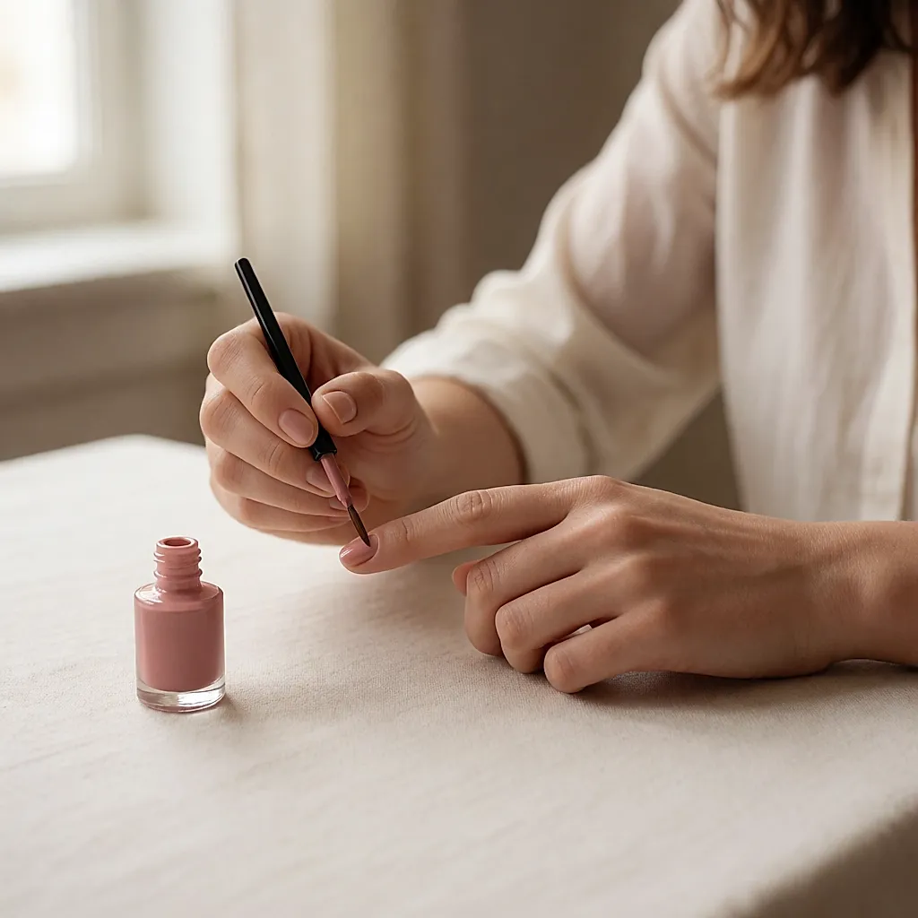 Une main applique une fine couche de vernis à l’eau sur un ongle posé sur du lin
