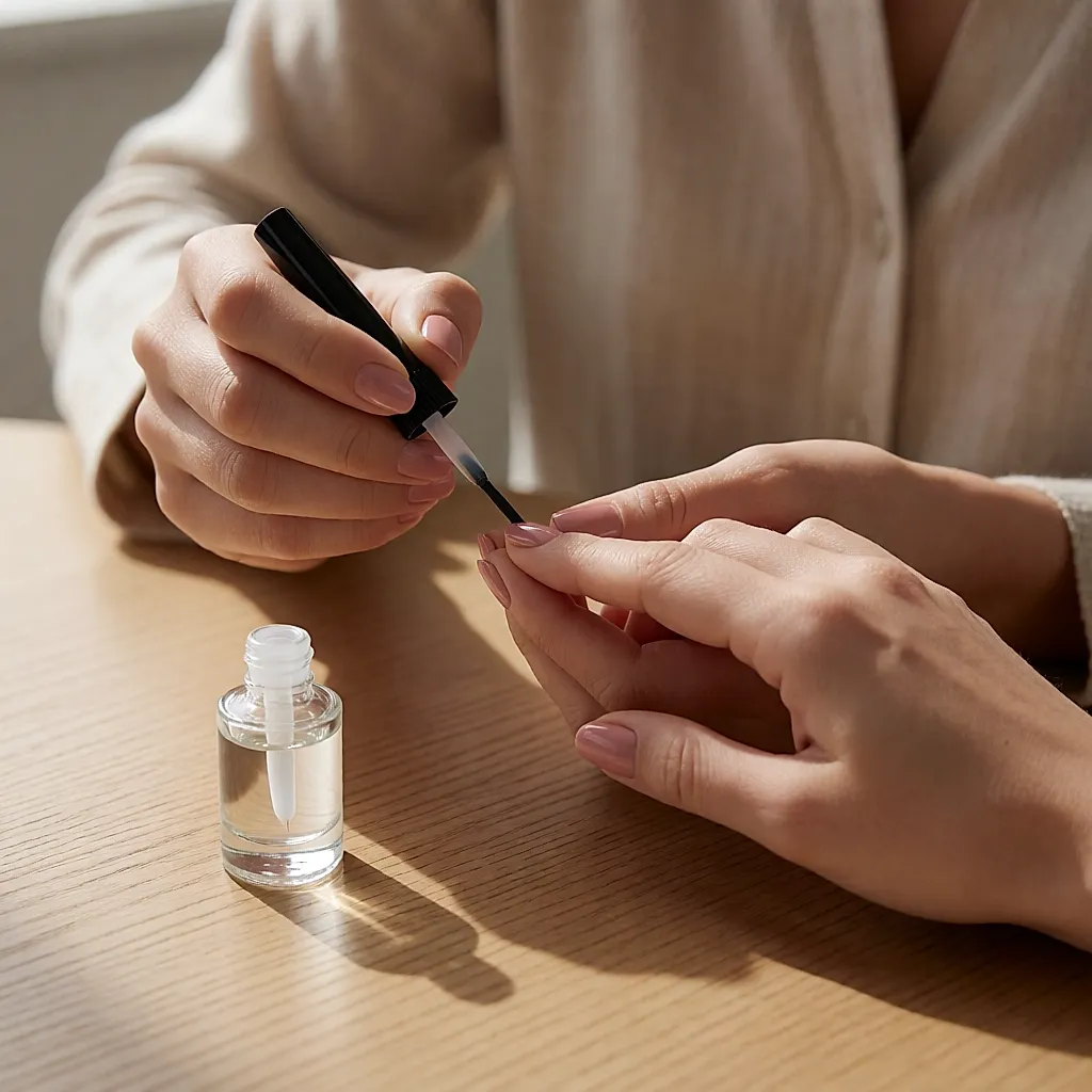 Un pinceau de finition transparente scelle le bord libre d’un ongle vernis