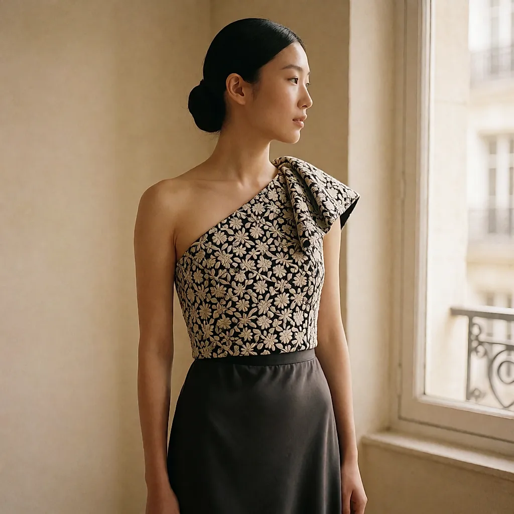 An asymmetric embroidered top worn three-quarter view, with a sculpted drape over one shoulder