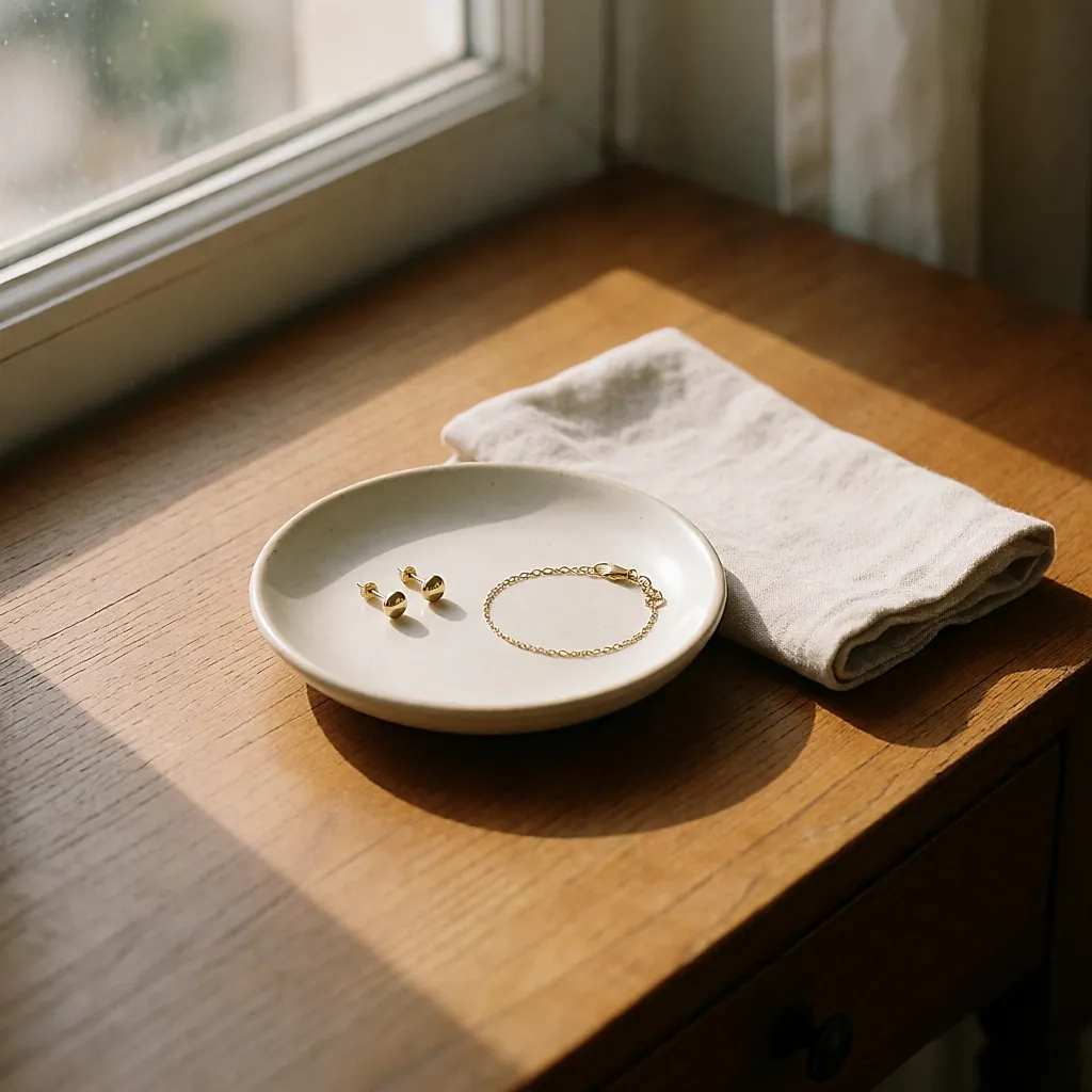 A tiny stud earring and a fine bracelet resting in a small ceramic dish