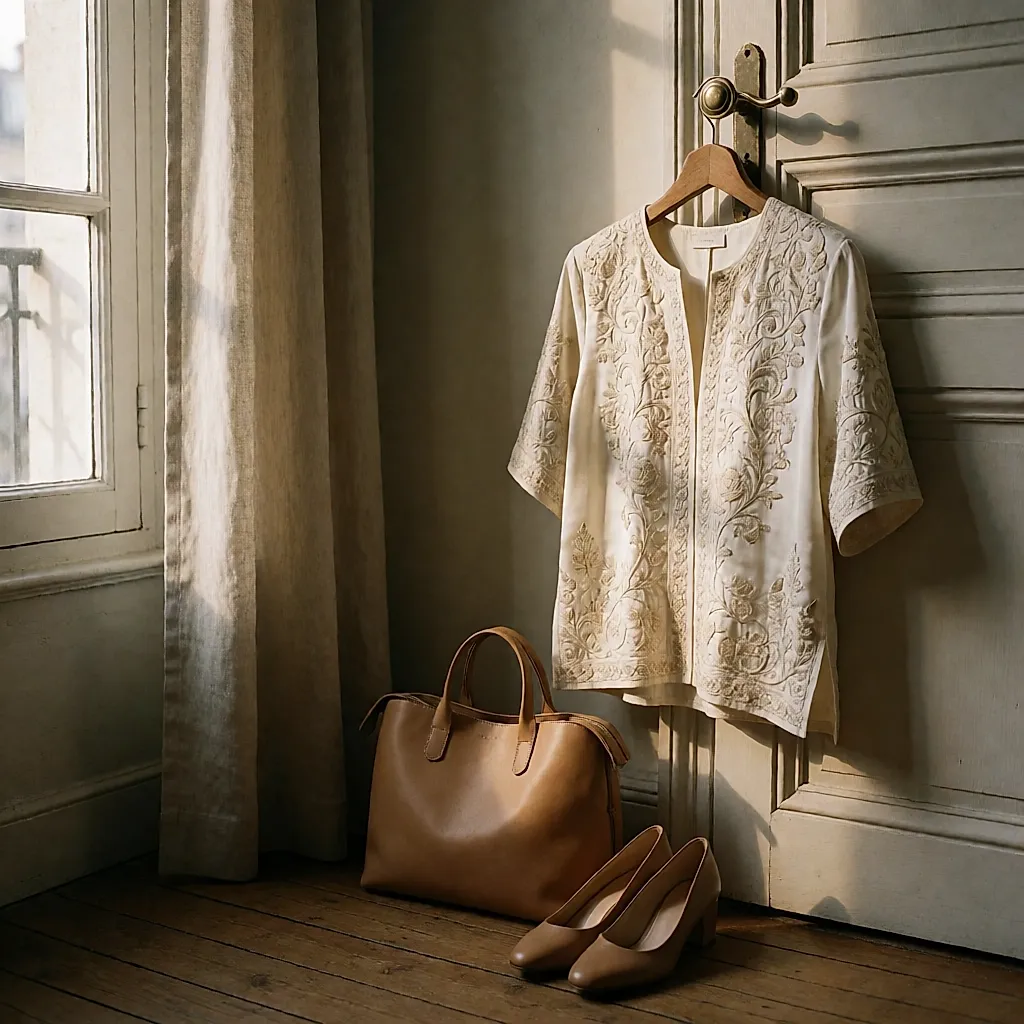 Tomorrow's outfit laid out on a hanger with bag and shoes placed underneath