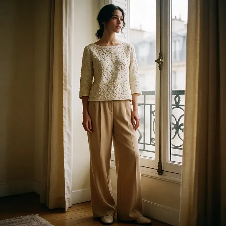 Heavily embroidered piece: the pared-back silhouette that lets the embroidery carry the look