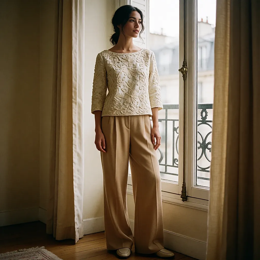 Heavily embroidered piece: the pared-back silhouette that lets the embroidery carry the look