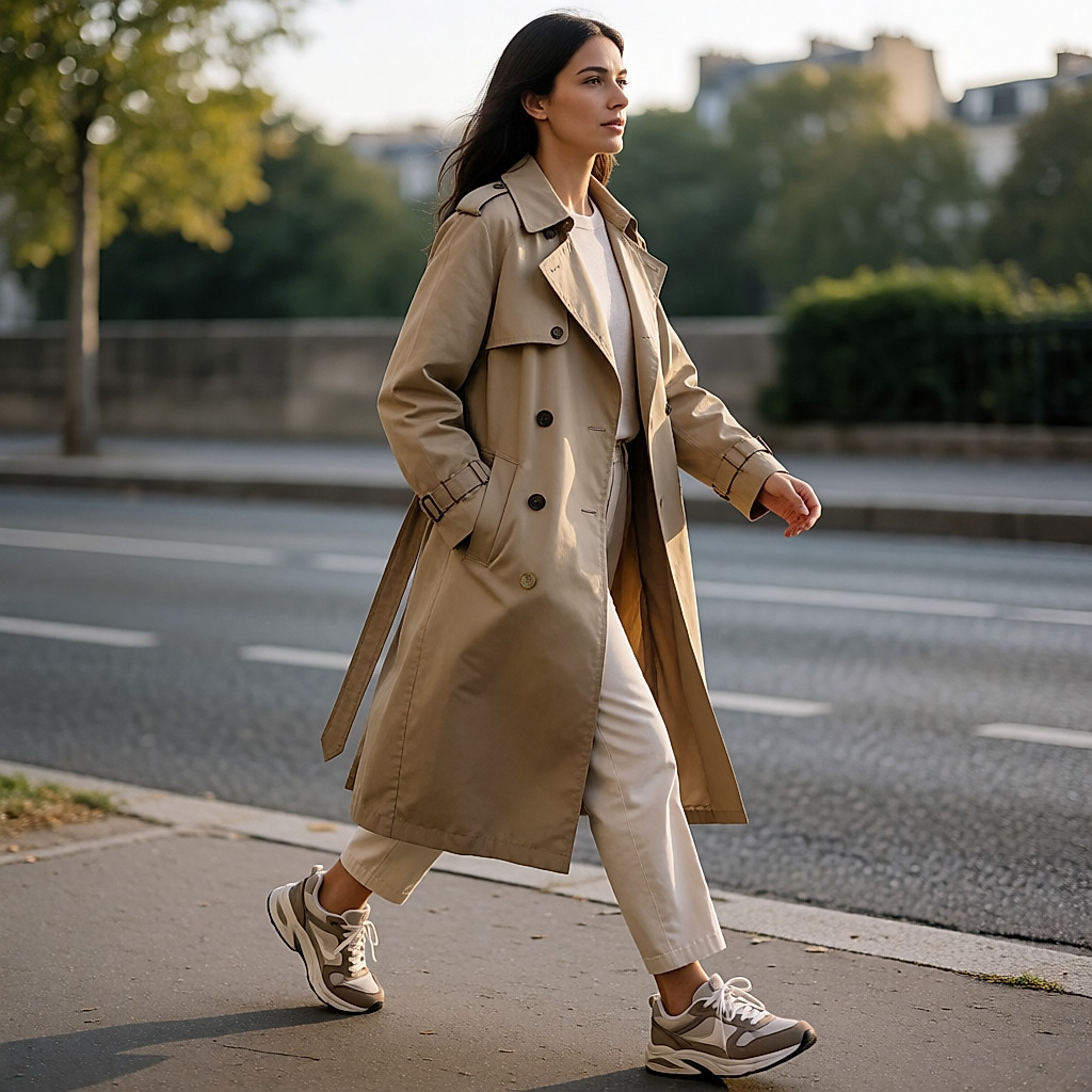 Mujer joven caminando a paso firme por una acera urbana al amanecer, con trench beige y zapatillas