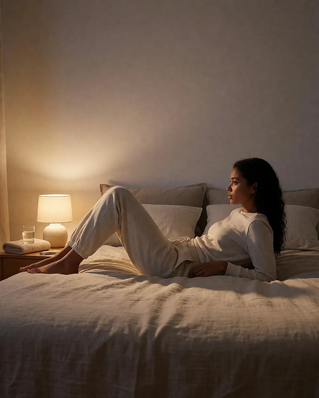 Mujer tumbada en la cama con las piernas en alto contra la pared, bajo la luz cálida de una lámpara