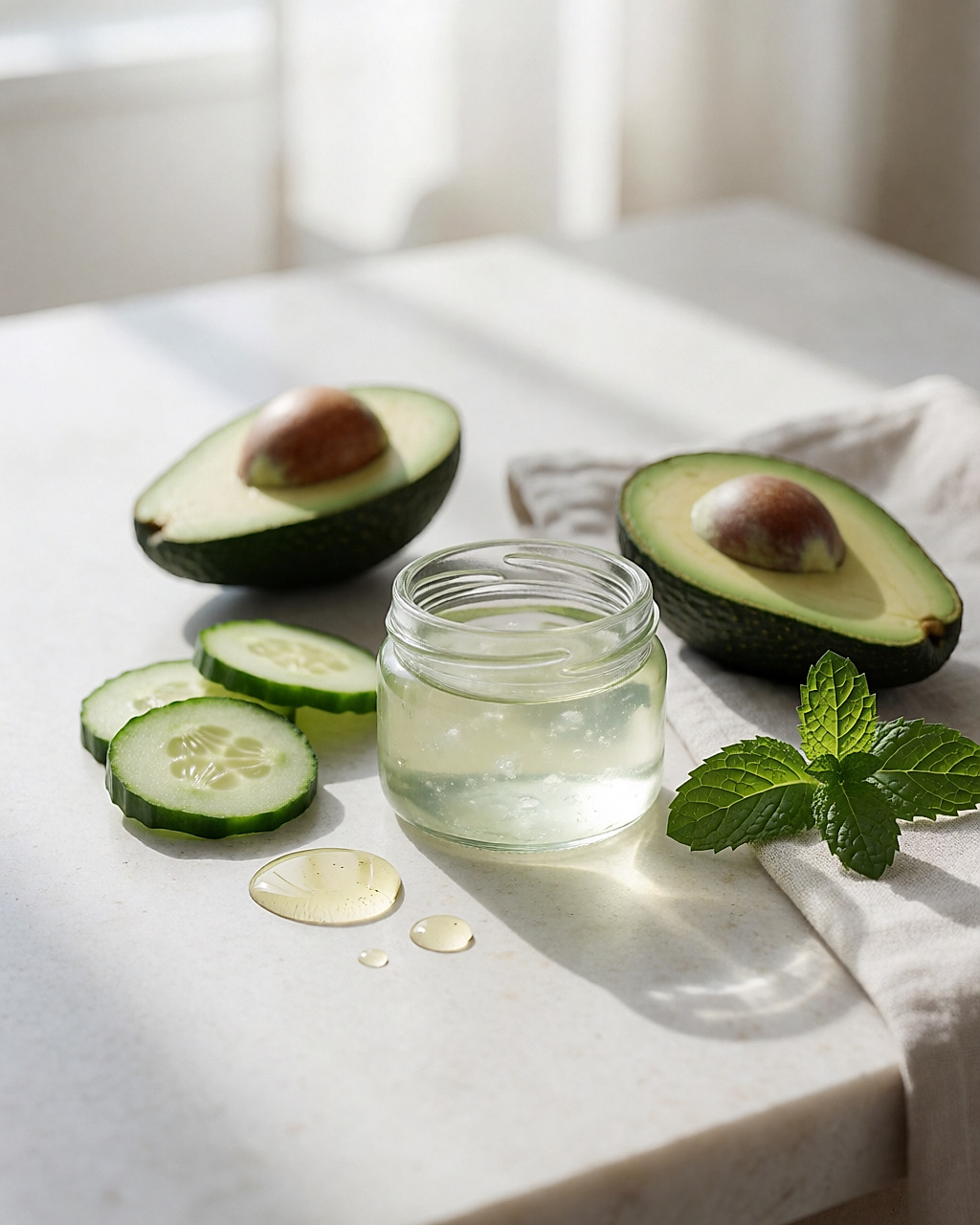 Gel d'aloès, concombre et avocat frais pour un masque apaisant