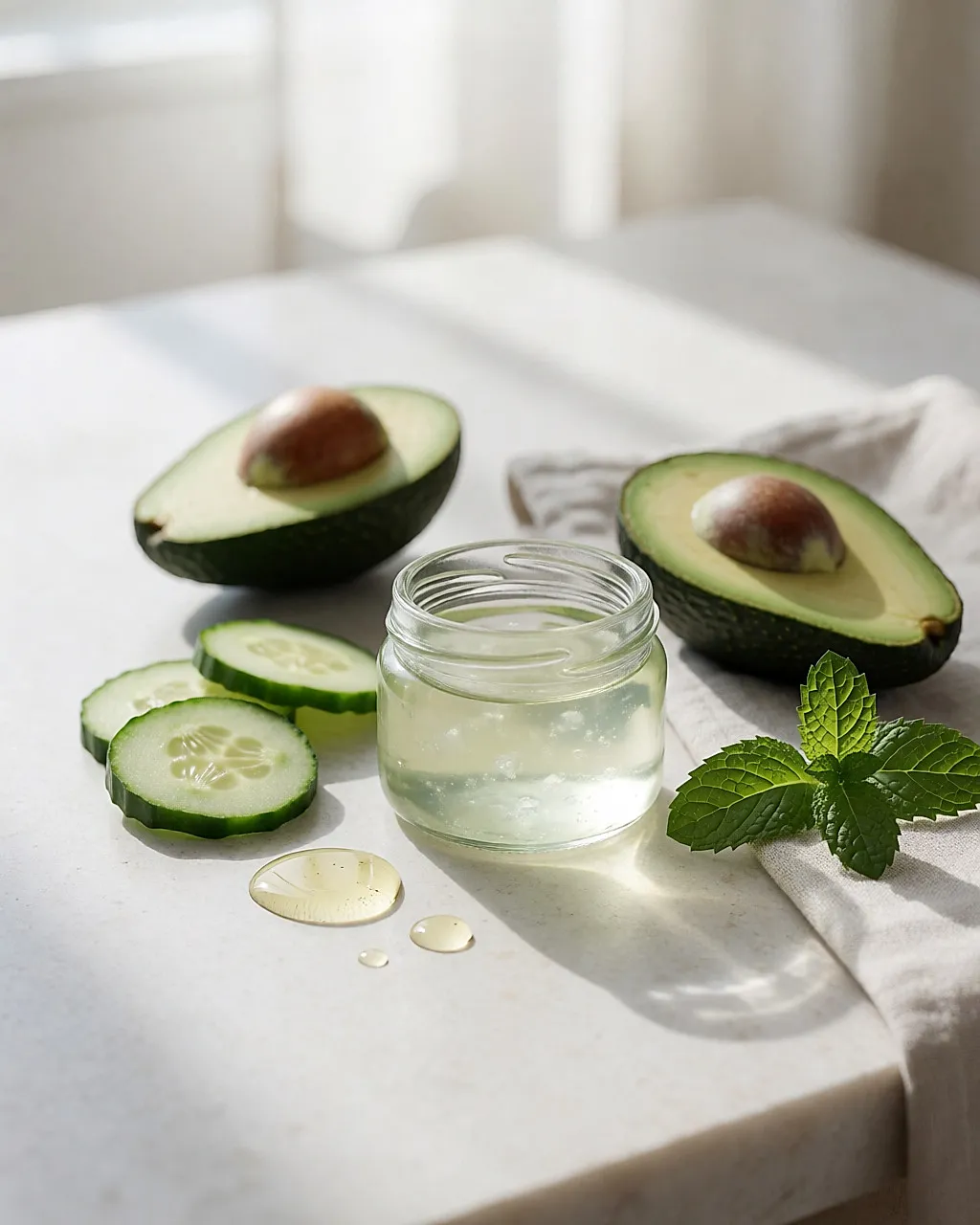 Aloe-gel, Gurke und frische Avocado für eine beruhigende Maske