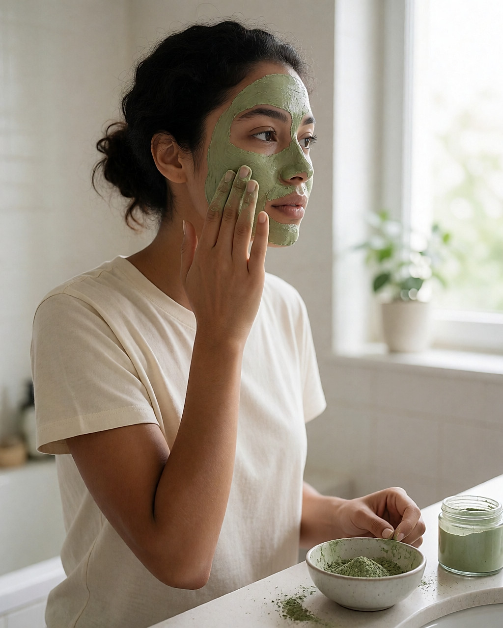 Jeune femme appliquant un masque à l'argile verte sur son visage