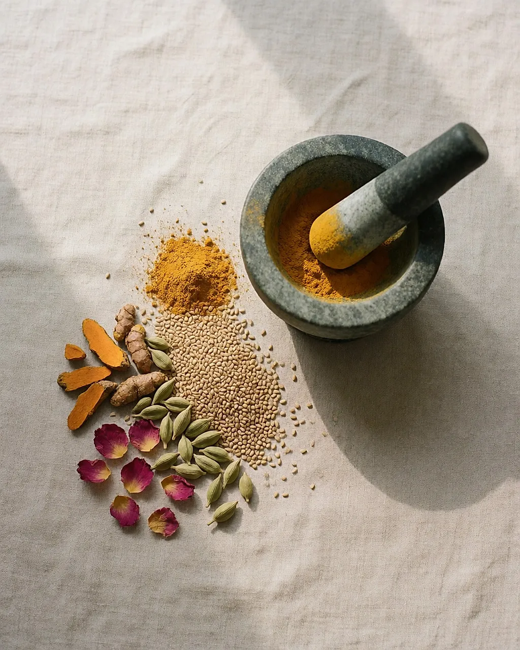Draufsicht auf ayurvedische Zutaten: Sesam, Kurkuma, Kardamom und ein Steinmörser