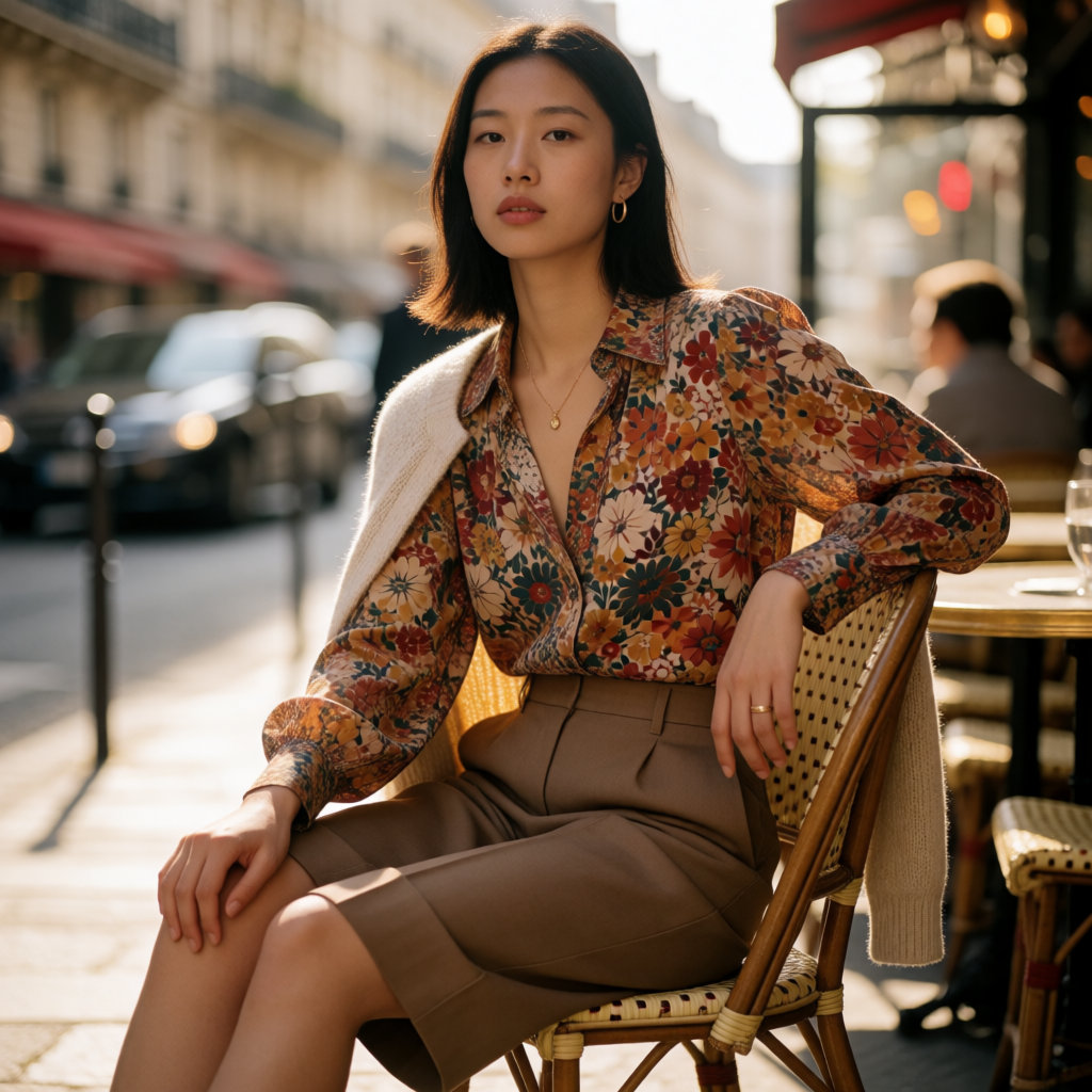 Jeune femme en blouse bohème imprimée et bermuda assise à une terrasse de café