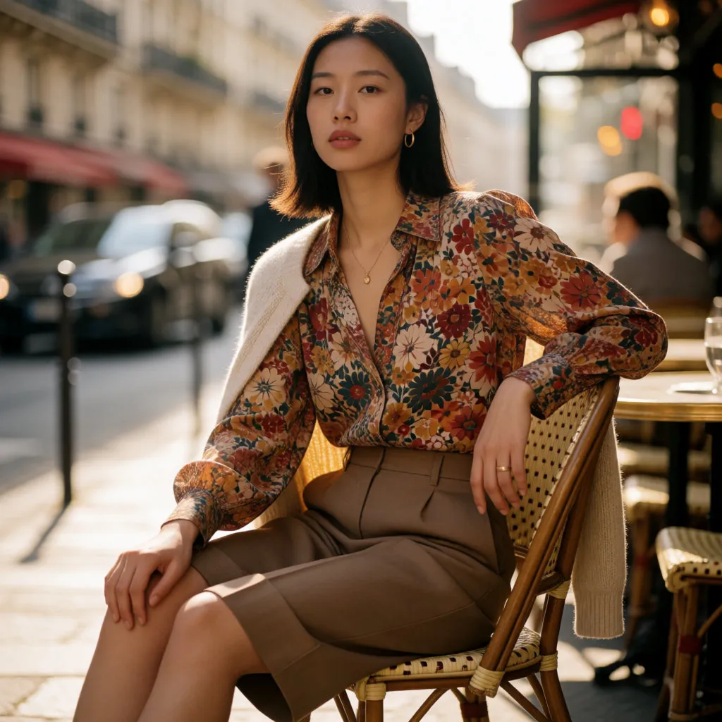 Joven con blusa bohemia estampada y bermuda sentada en la terraza de una cafetería