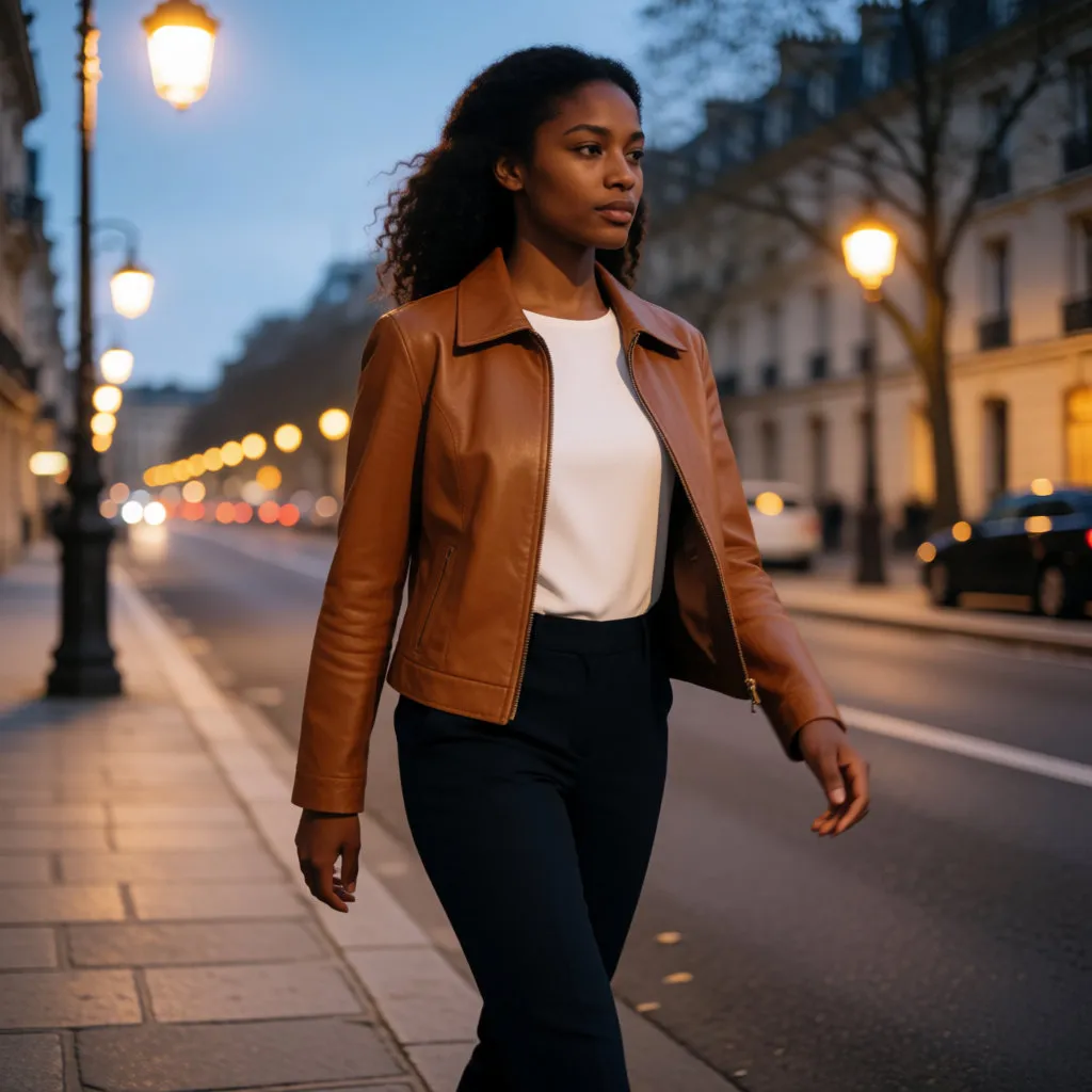 Joven con chaqueta de cuero caramelo caminando por una calle al atardecer