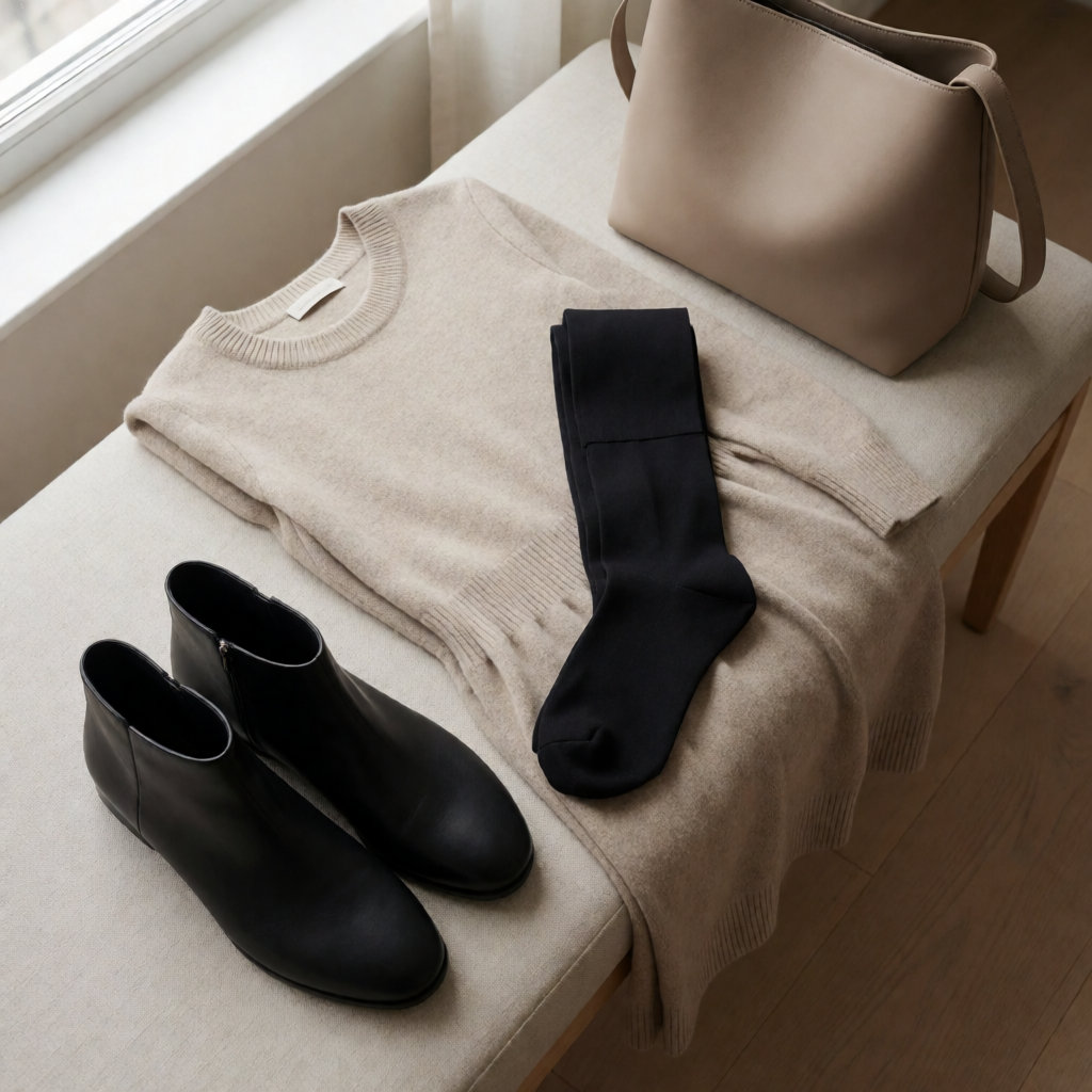 Robe pull beige, collants opaques, boots plates et sac en cuir posés sur un parquet clair