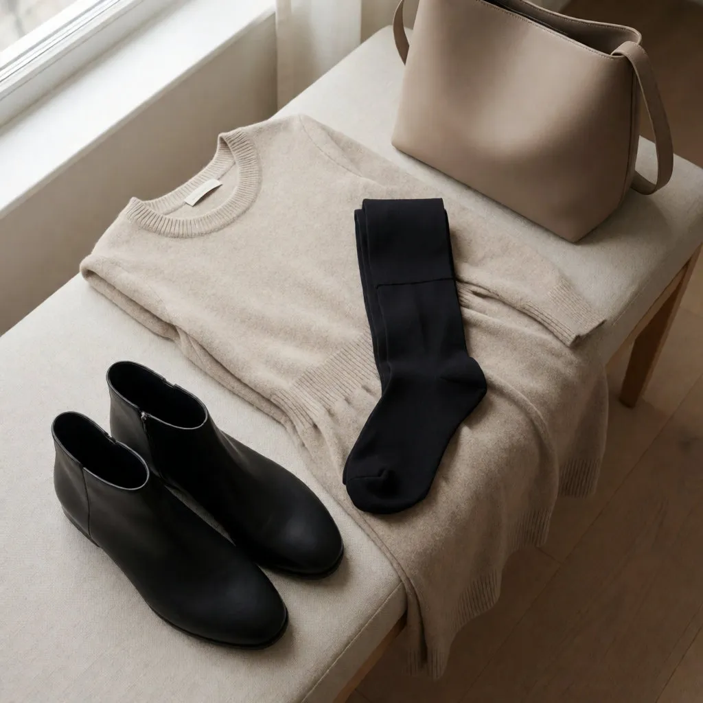 Vestido de punto beige, medias opacas, botas planas y bolso de cuero sobre un parqué claro