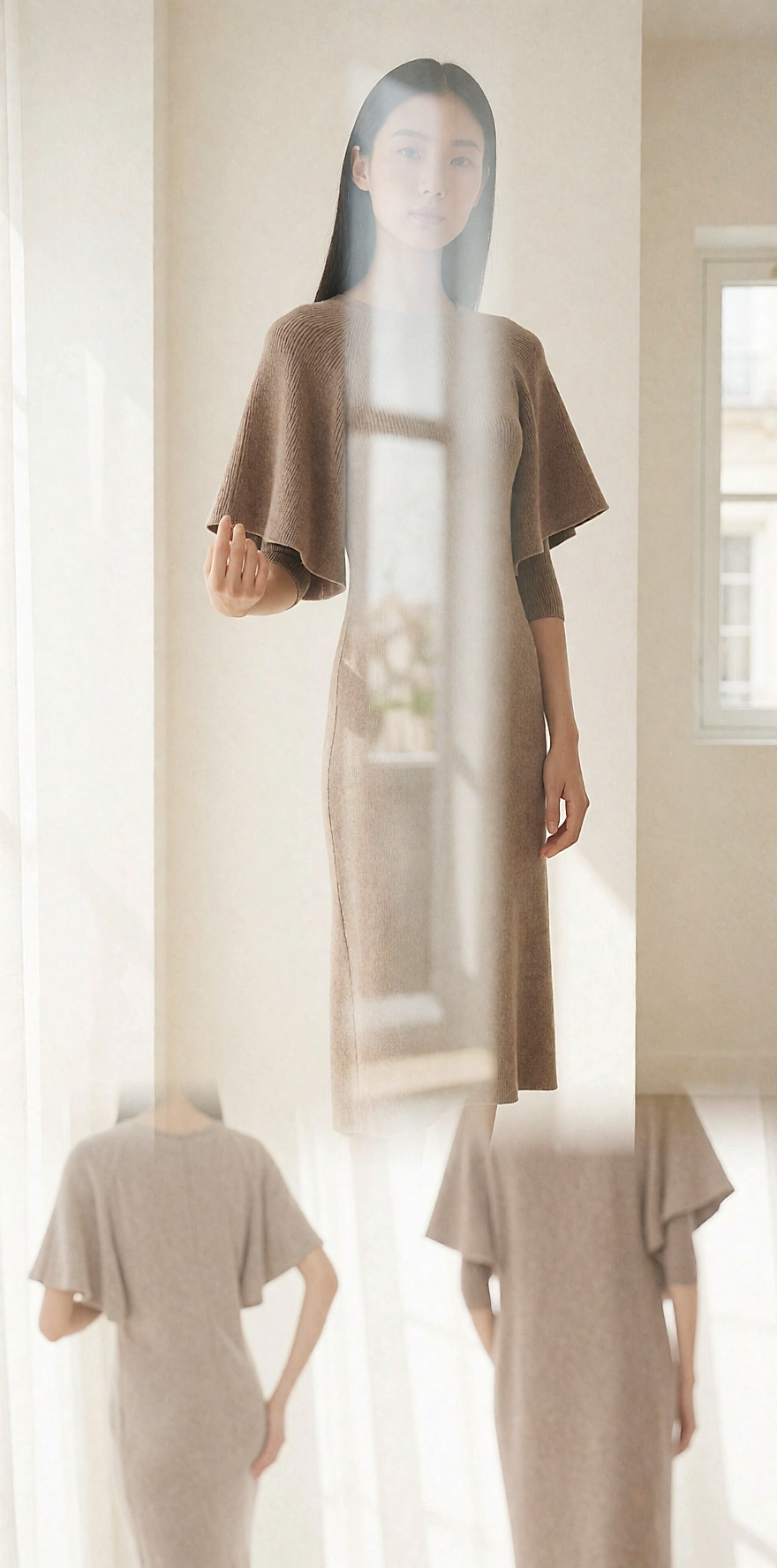 Femme portant une robe pull en maille côtelée taupe, dans une pièce claire