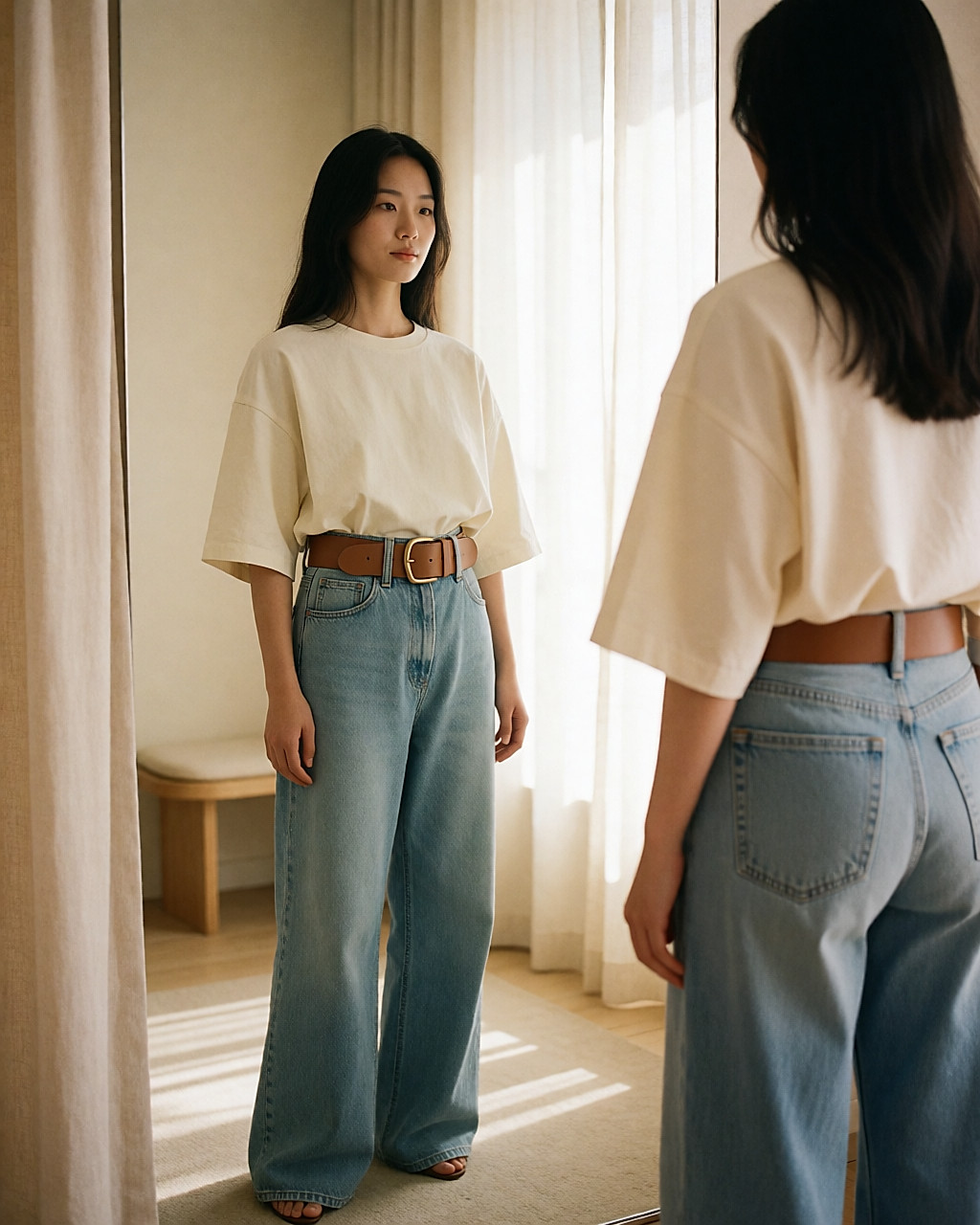 Jean large taille haute retenu par une ceinture large, haut ample rentré, essayage en cabine claire