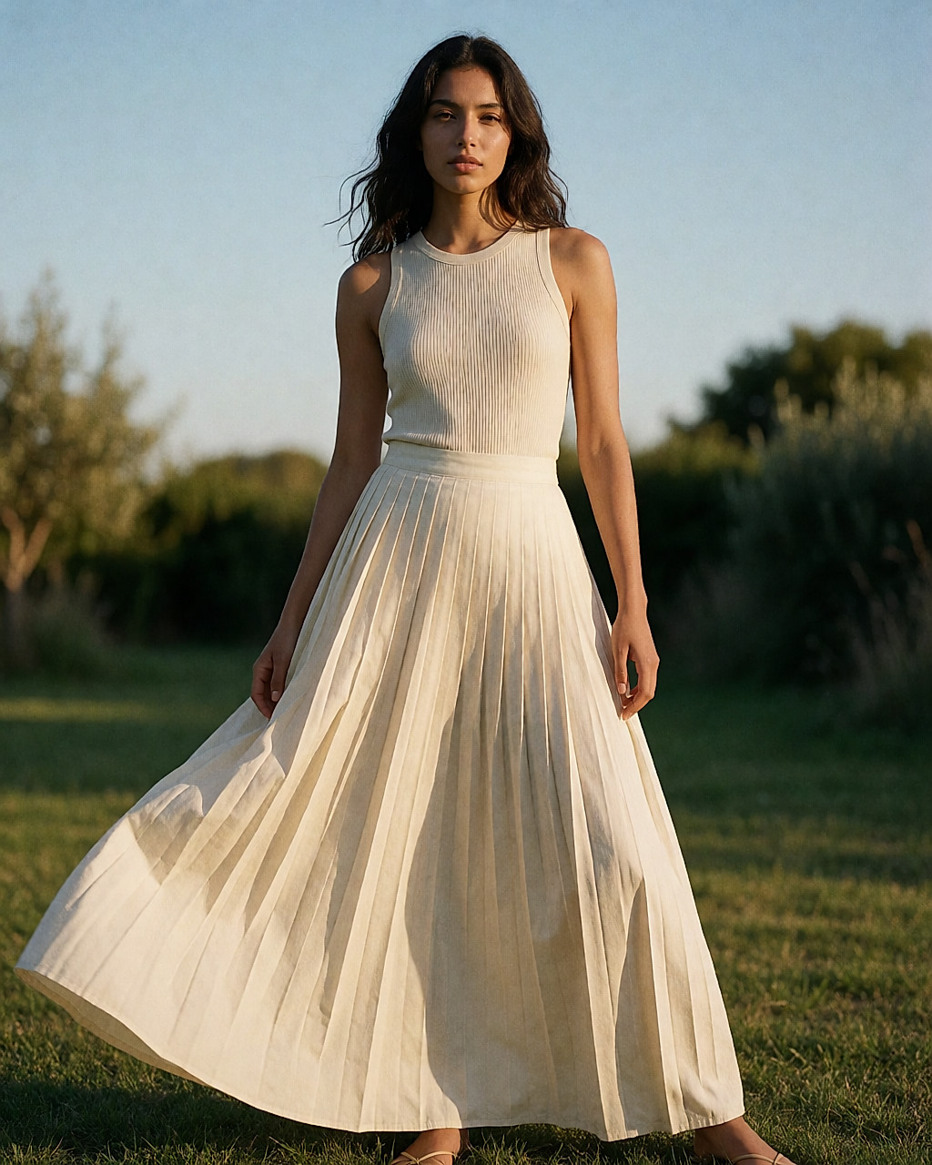 Jupe extra-longue plissée en coton portée avec un haut ajusté, silhouette équilibrée au soleil