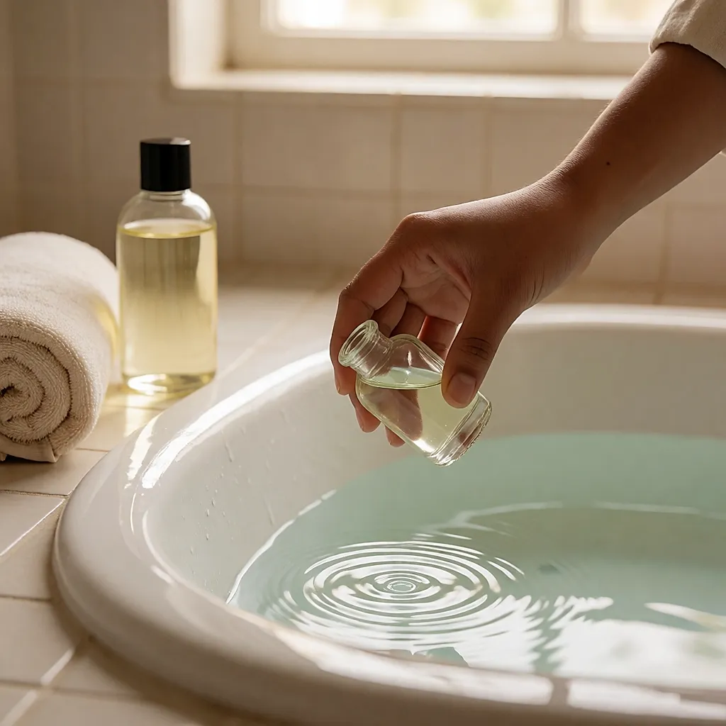 Ein dünner Strahl Badeöl fällt in das lauwarme Wasser der Babybadewanne