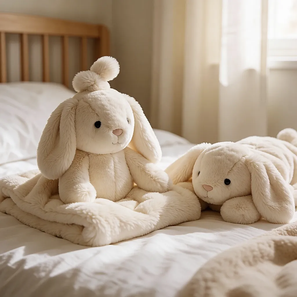 Weiches Plüsch-Kuscheltier mit langen Ohren auf weisser Baumwollbettwäsche