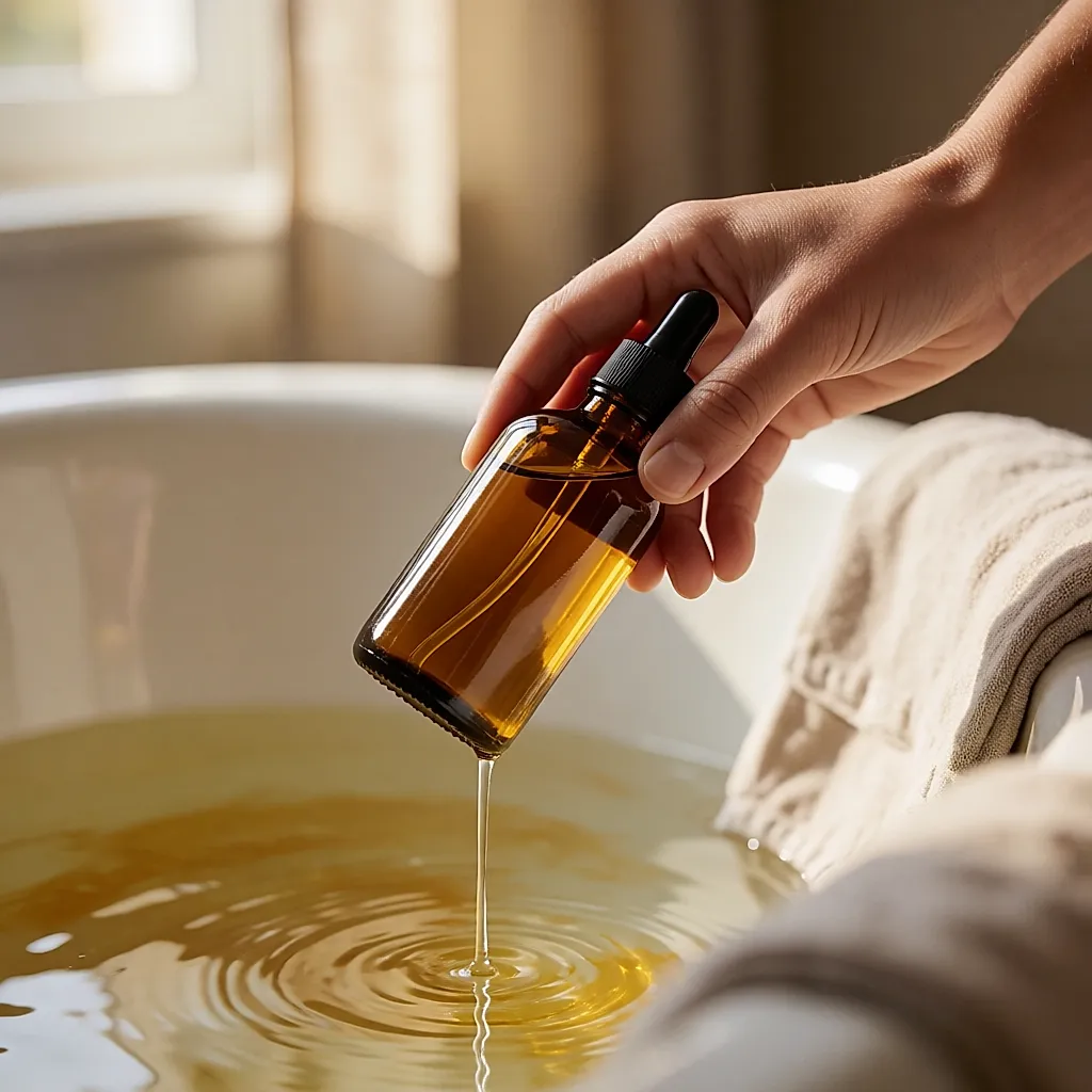Badeöl wird aus der Braunglasflasche ins warme Wasser gegossen