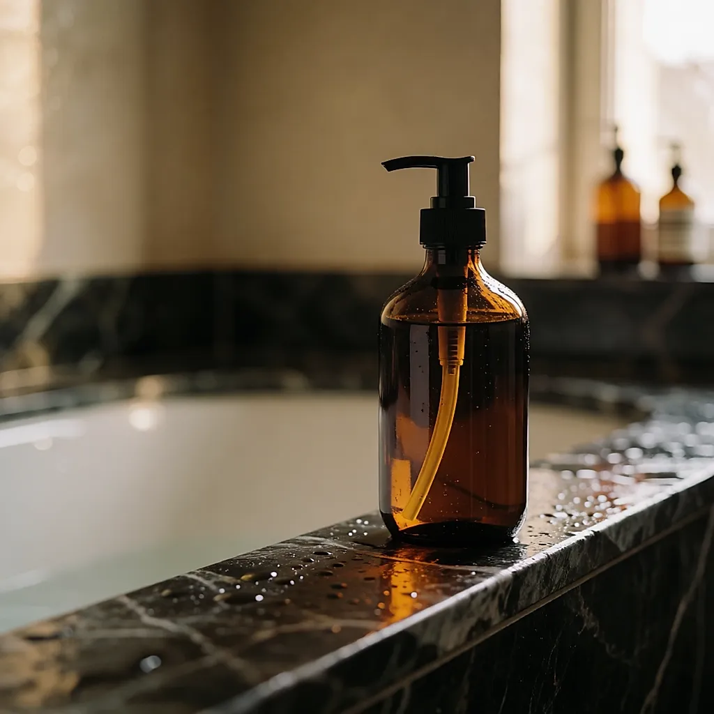 Bernsteinfarbene Duschbad-Flasche am Rand der Badewanne