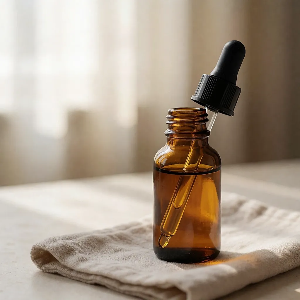 Aromatisches Badeöl in einer bernsteinfarbenen Tropfflasche
