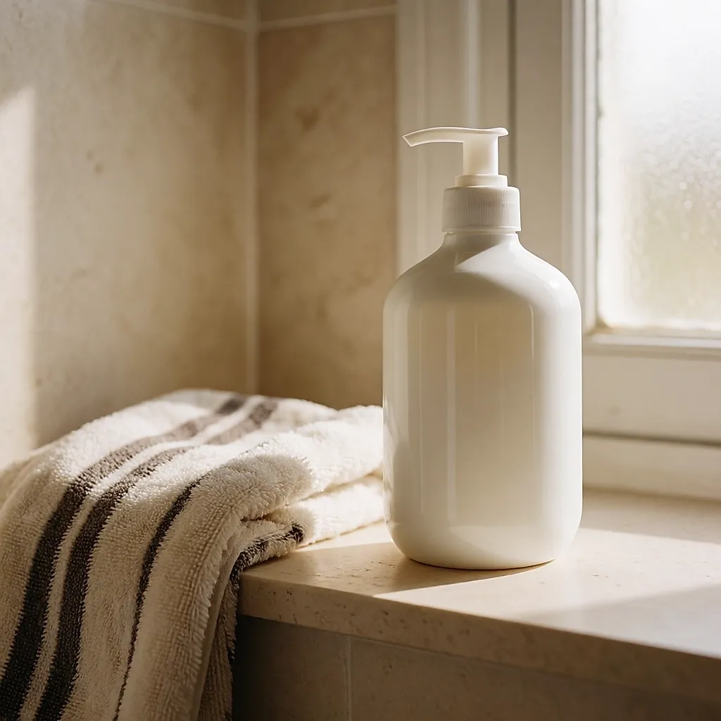 Große Bodylotion in einer Pumppflasche neben einem Handtuch