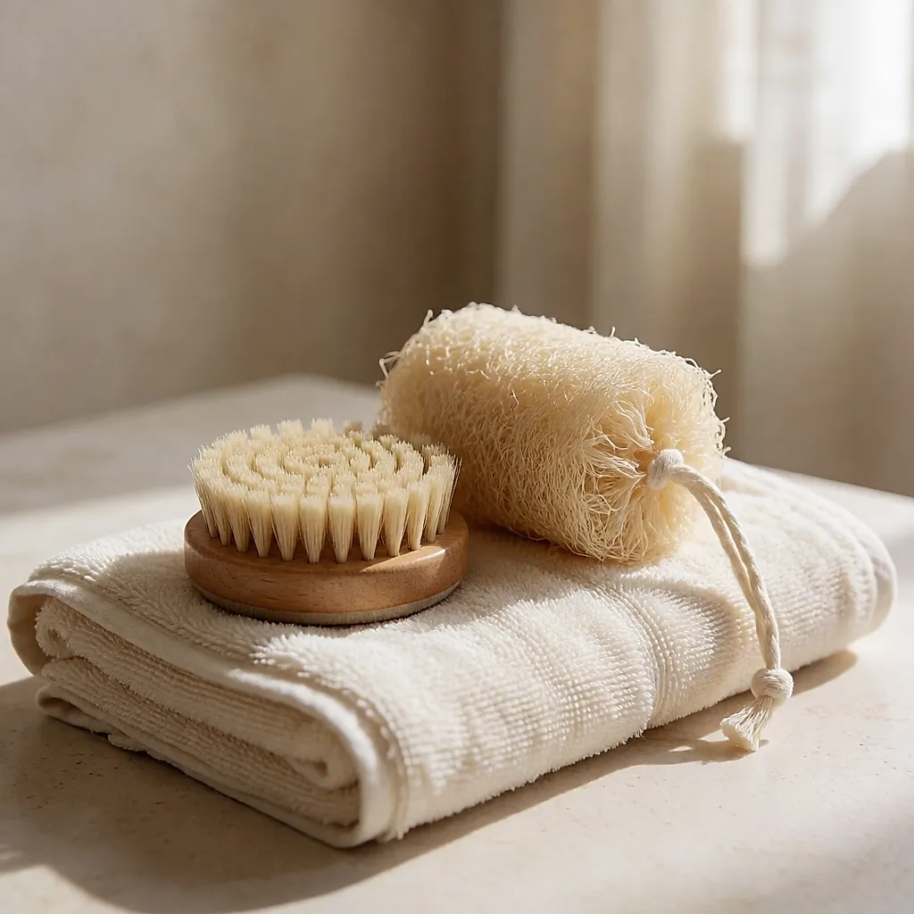 Holzbürste und Natur-Loofah als Badezubehör auf einem Handtuch