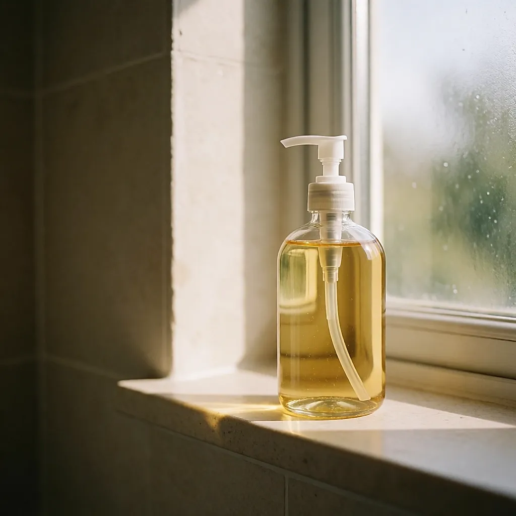 Goldenes Duschöl in einer Pumppflasche im Badezimmer