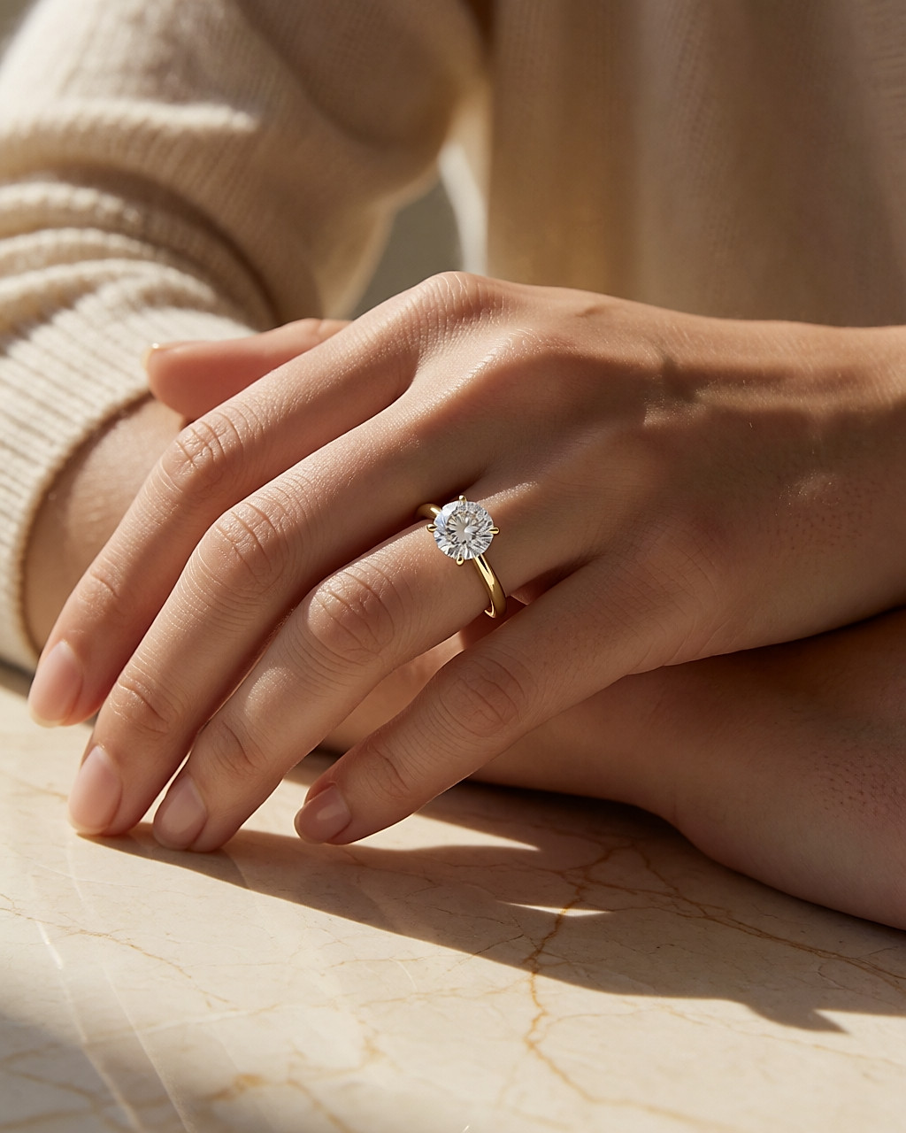 Bague solitaire en or jaune au diamant rond portée sur une main posée sur du marbre crème