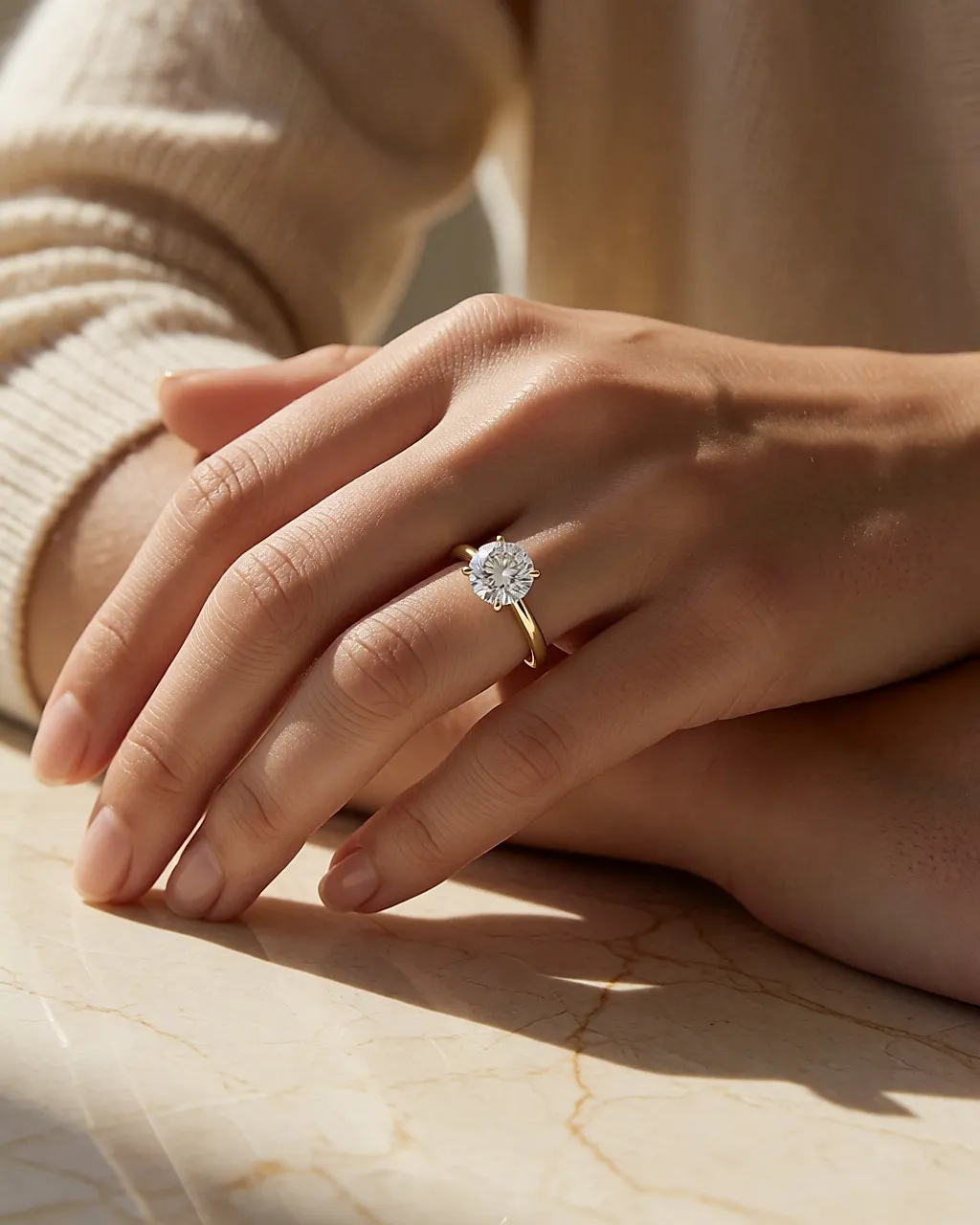 Solitärring aus Gelbgold mit rundem Diamanten an einer Hand auf cremefarbenem Marmor