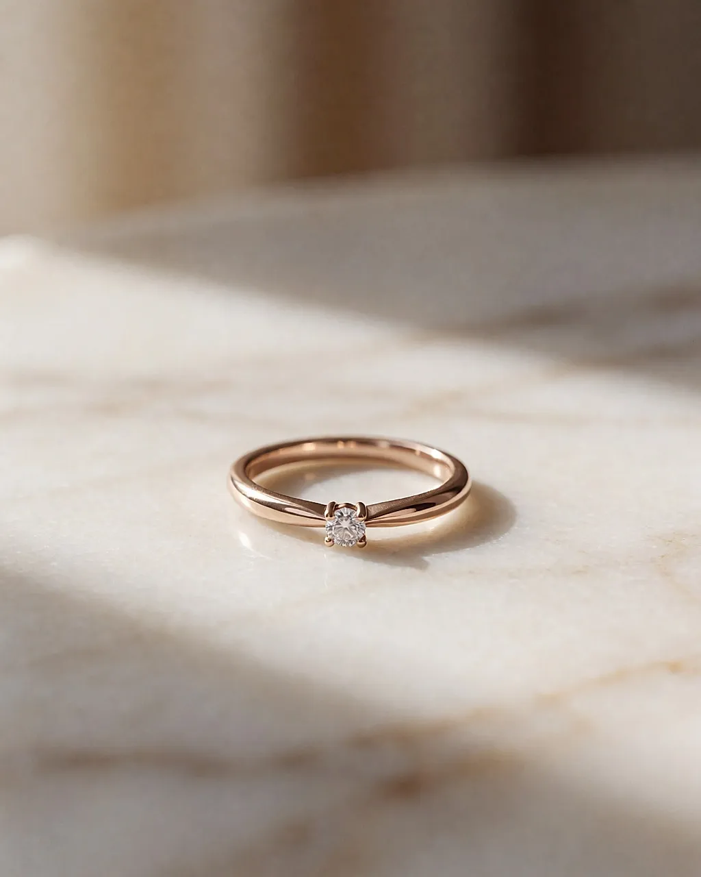 Feiner Roségoldring mit kleinem Diamanten auf einer hellen Marmorfläche