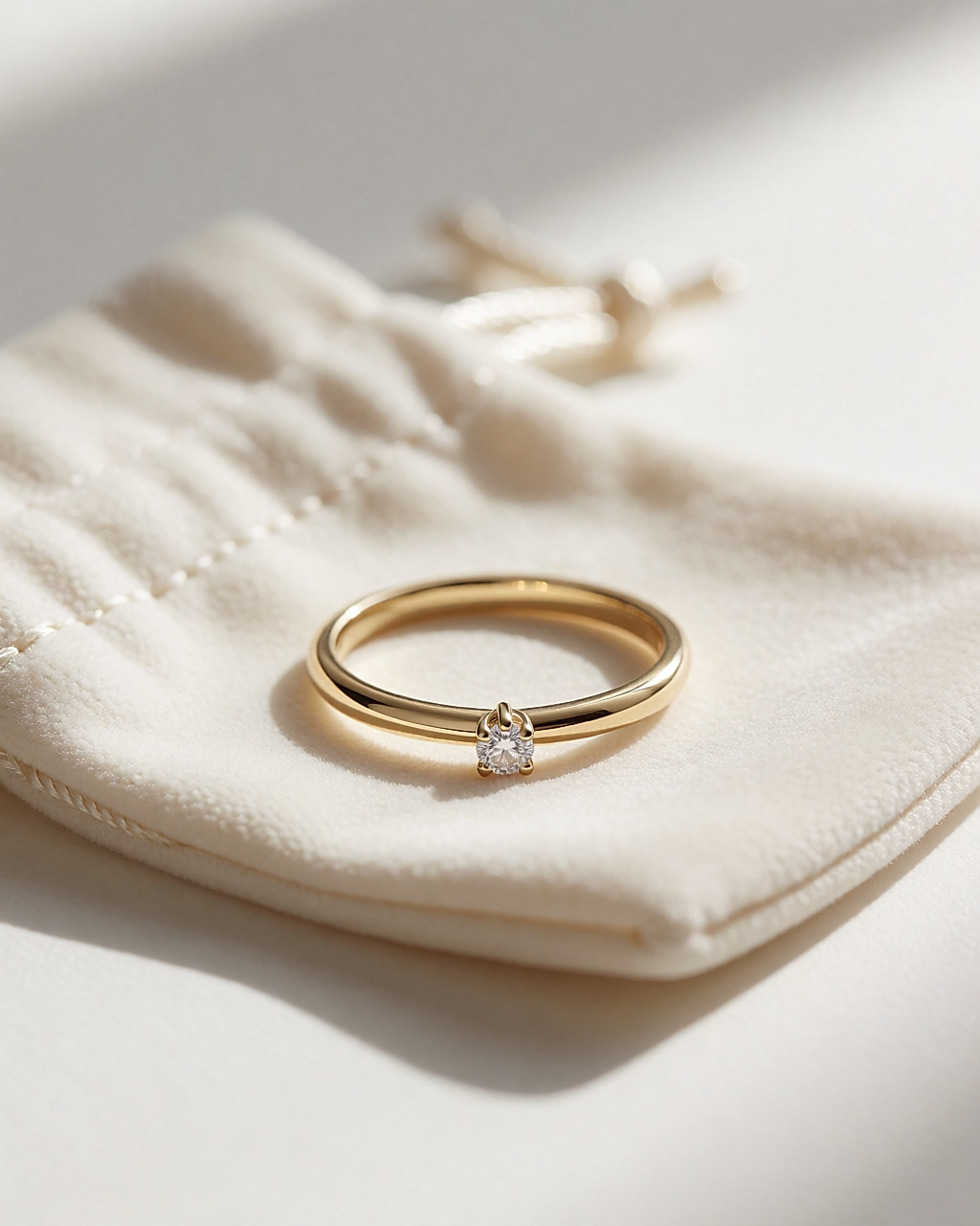 Fine bague solitaire en or posée sur une pochette de soie crème, lumière douce
