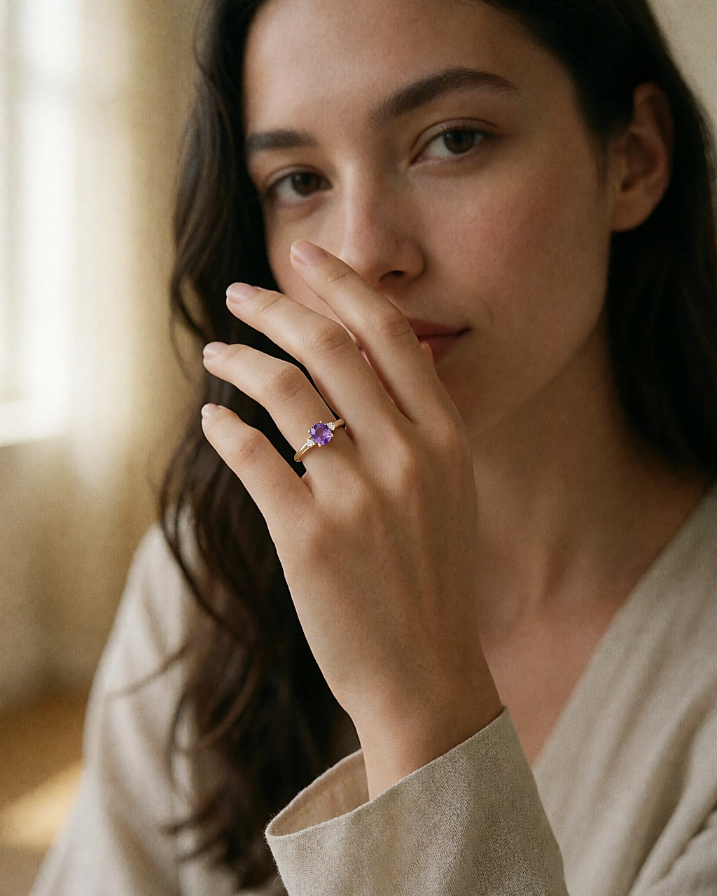 Main portant une bague en or jaune ornée d'une améthyste entourée de deux petits diamants