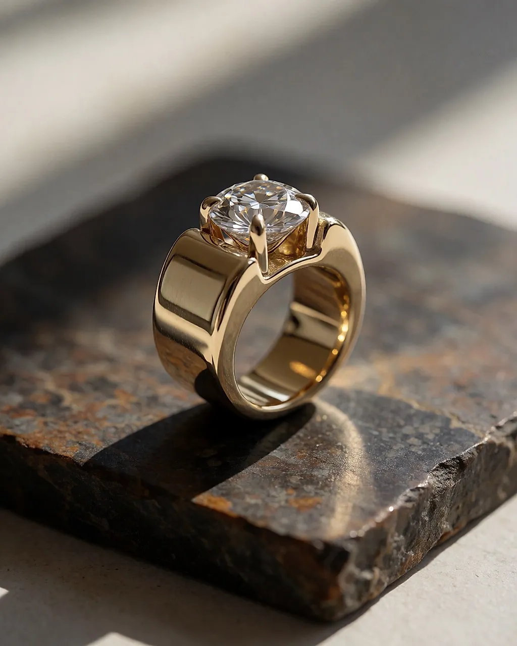 Ein Verlobungsring aus massivem Gelbgold mit rundem Diamanten auf einem dunklen Stein