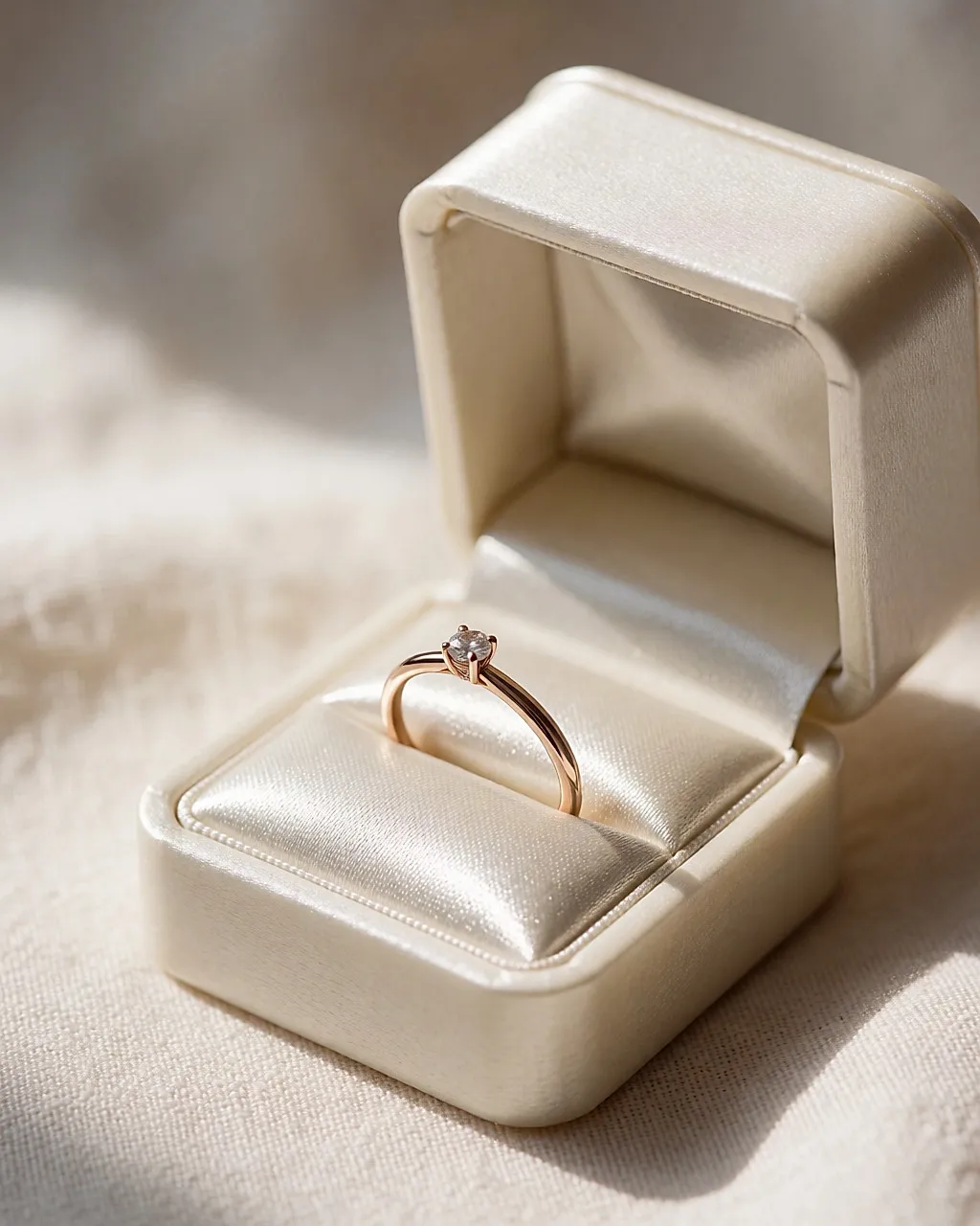 Un fino anillo de oro rosa con un pequeño diamante presentado en un estuche marfil forrado de seda