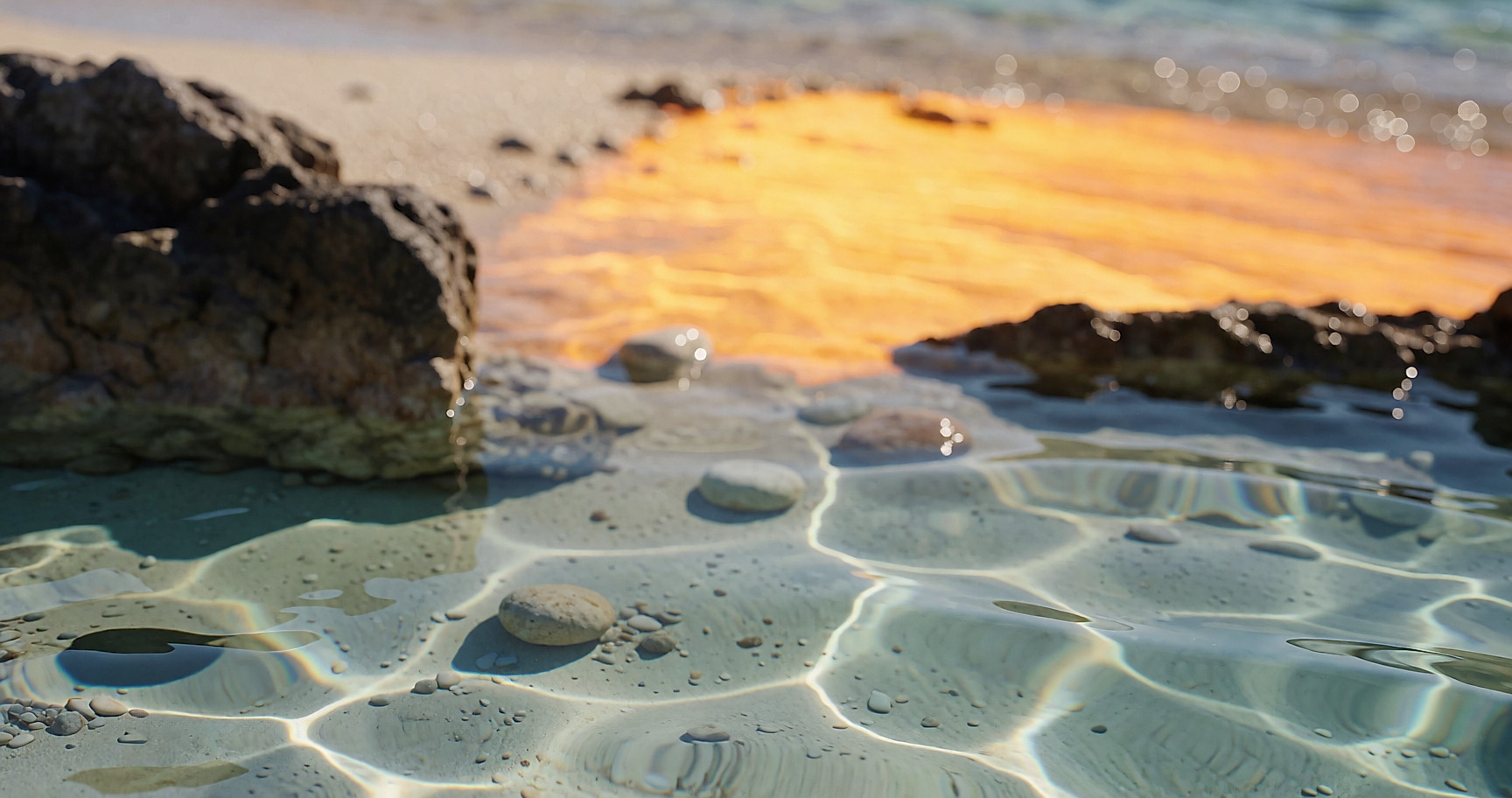 Eau turquoise peu profonde et limpide au-dessus d'un fond de sable pâle, vue en plongée, en plein soleil de midi
