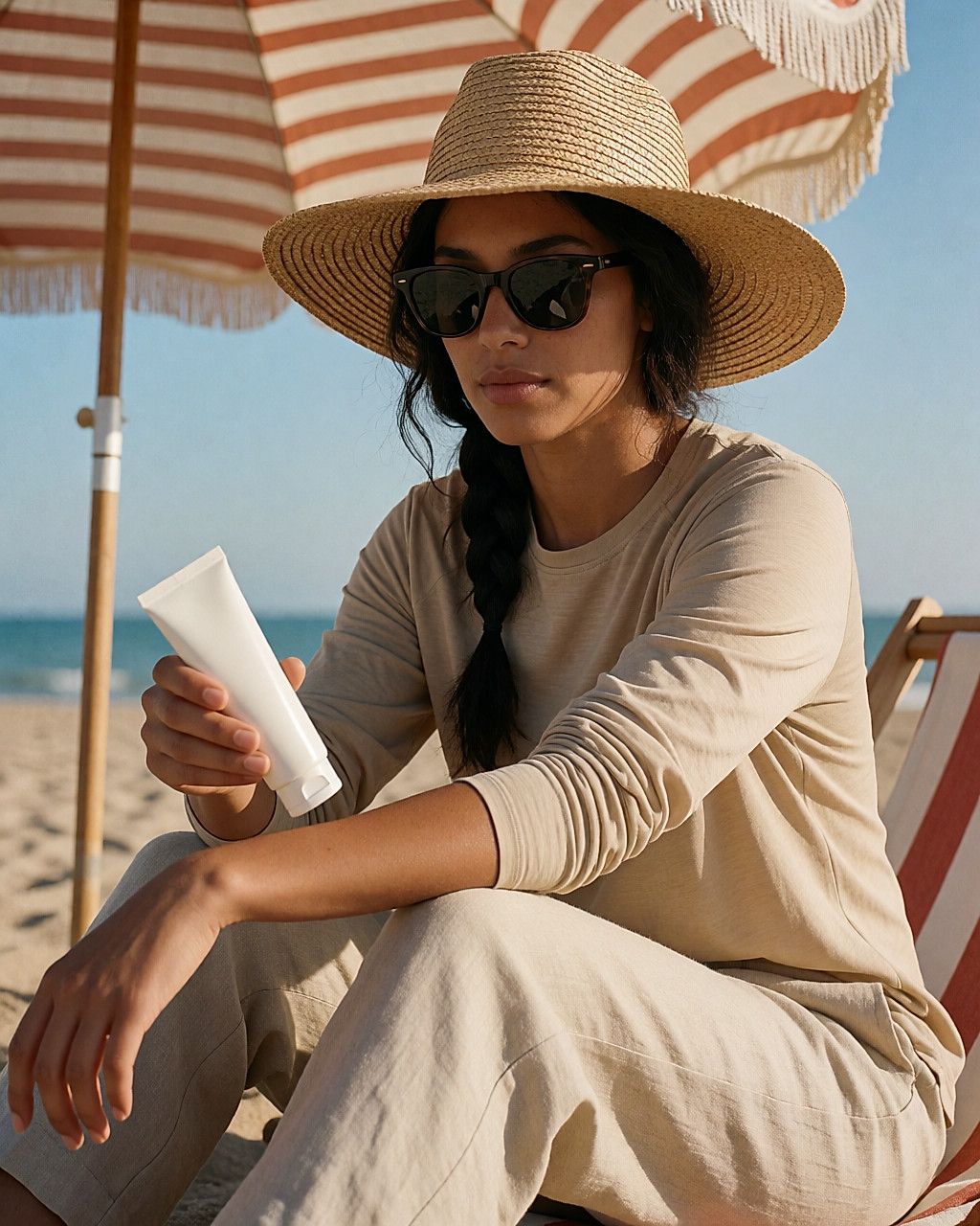 Jeune femme à l'ombre d'un parasol, chapeau à larges bords, lunettes de soleil et t-shirt anti-UV, crème solaire à la main