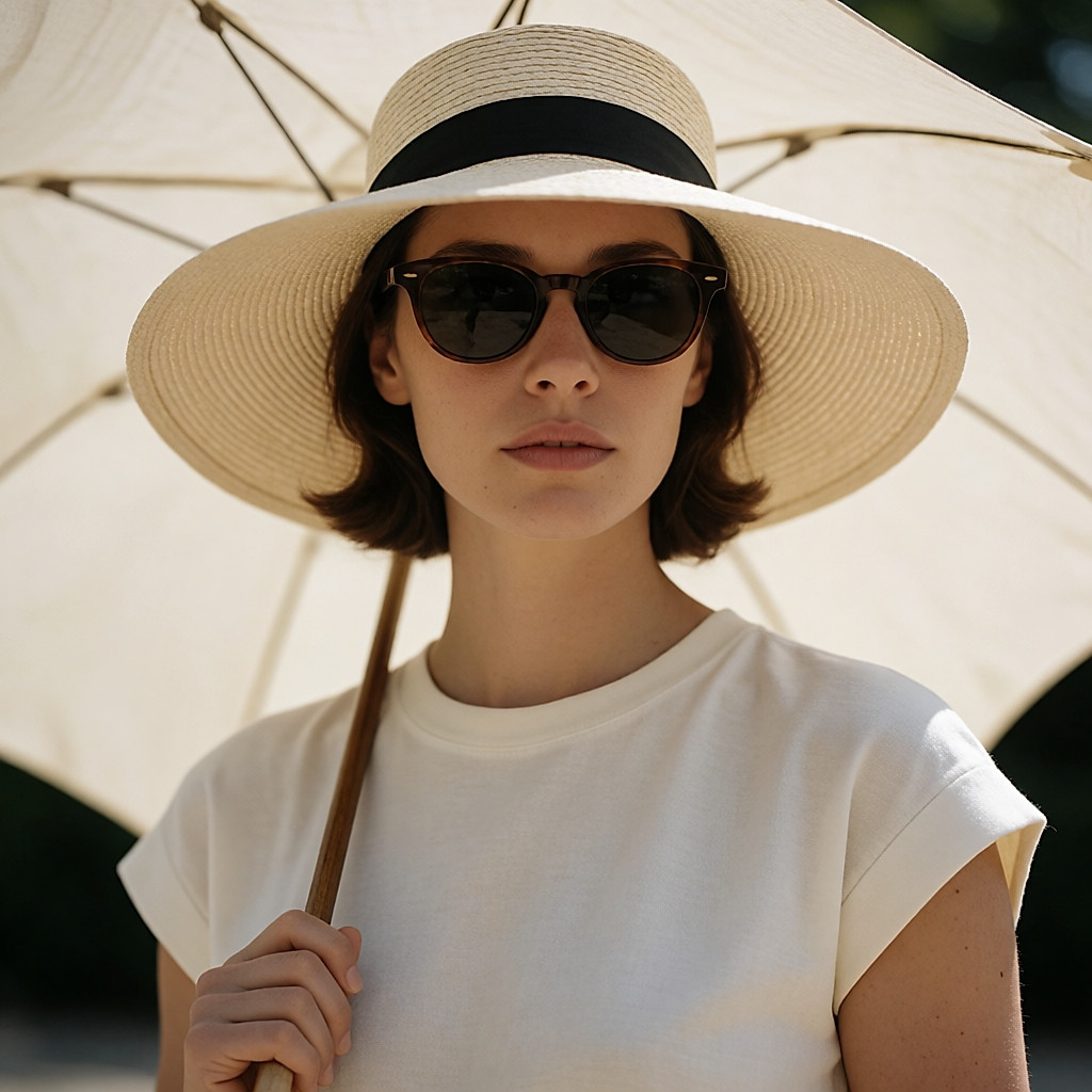 Mujer joven a la sombra de una sombrilla, con sombrero de ala ancha, gafas de sol y camiseta antirrayos UV, con la crema solar en la mano