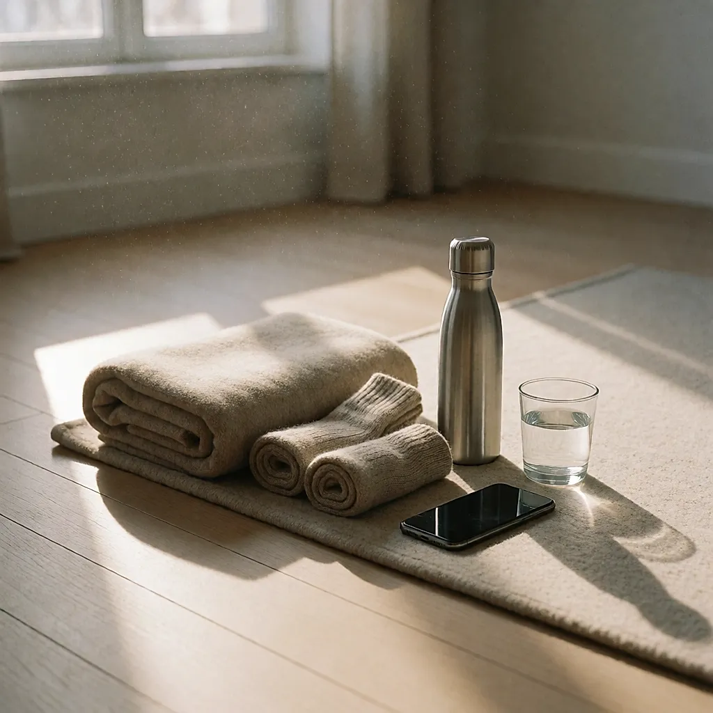 Gefaltete Decke, Socken, Trinkflasche und Telefon am Rand einer Matte