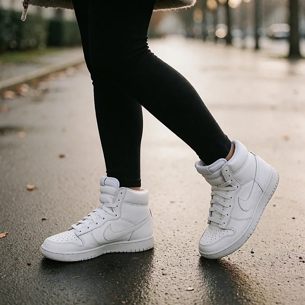 Beine in matten Leggings und hohen weißen Nike-Sneakern mit Swoosh auf nassem Pflaster