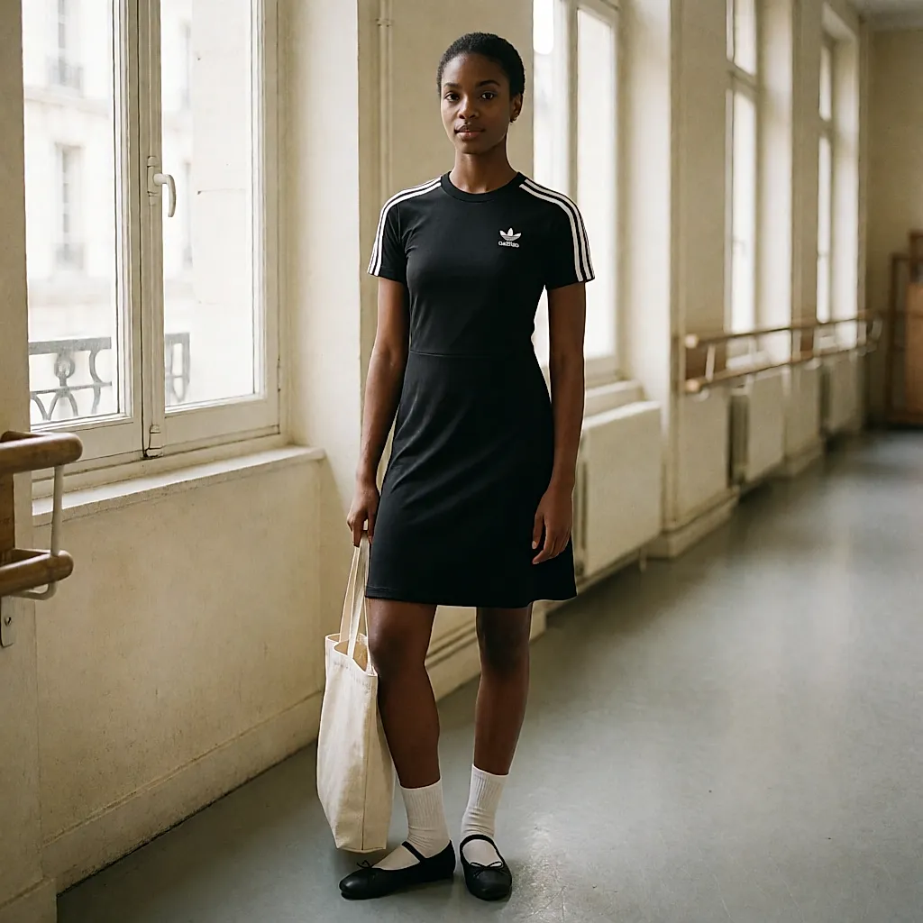 Schwarzes Adidas-Kleid mit drei weißen Streifen und Kleeblatt auf der Brust, im Flur einer Tanzschule