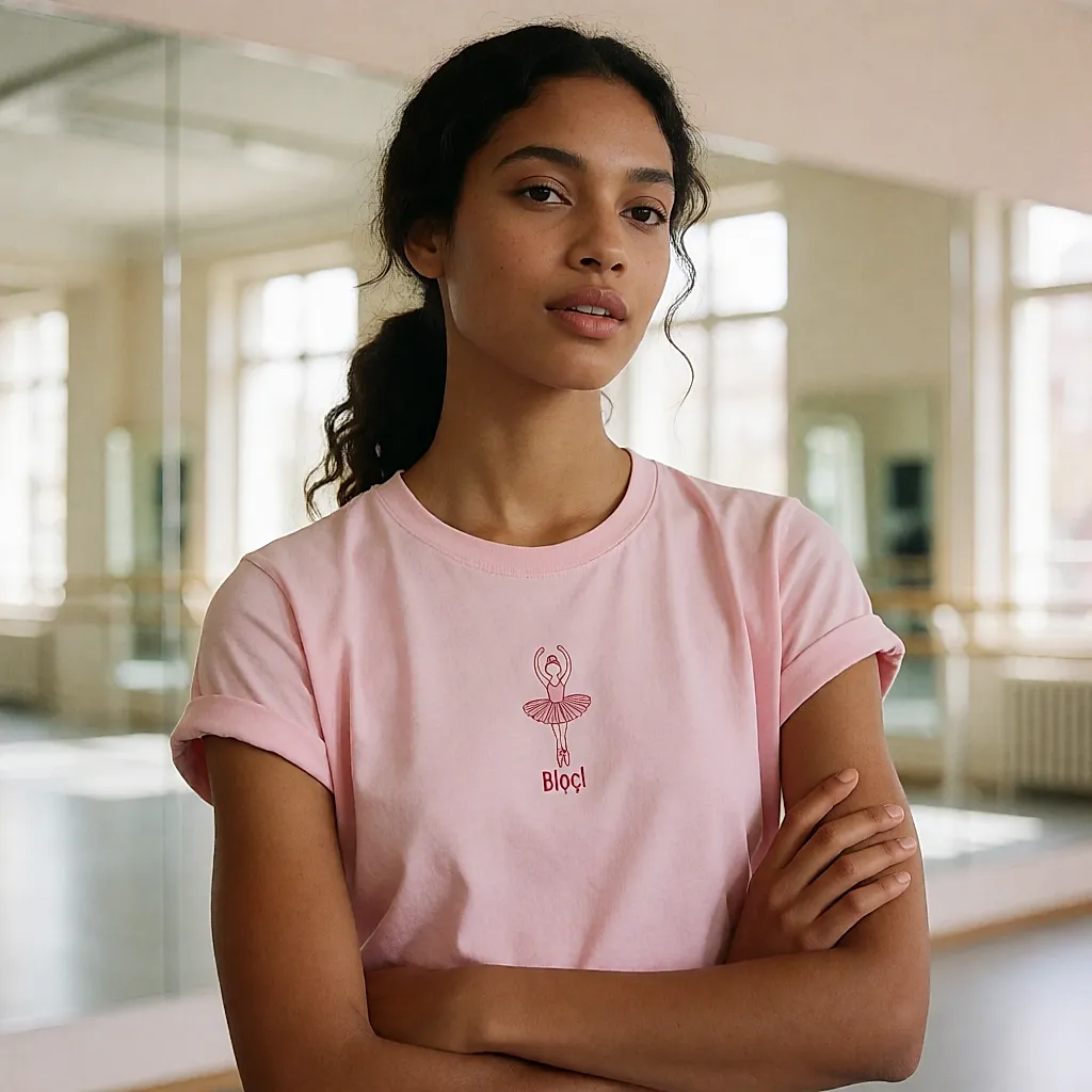 Rosa Bloch-T-Shirt mit gesticktem Ballerina-Motiv, im sonnigen Tanzstudio getragen