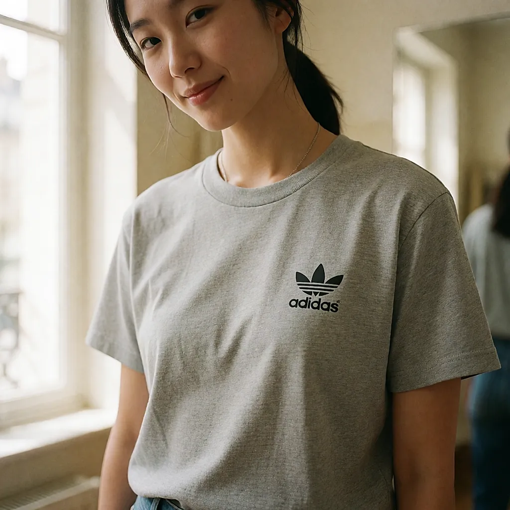 Graues Adidas-T-Shirt mit Kleeblatt auf der Brust, im Umkleideraum getragen