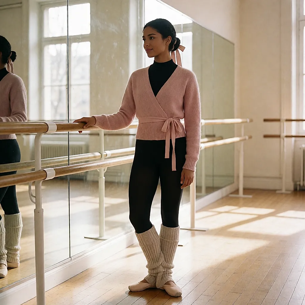 Ganzkörper-Look im Tanzstudio: Wickeljacke, Leggings, Stulpen und Dutt mit Satinband