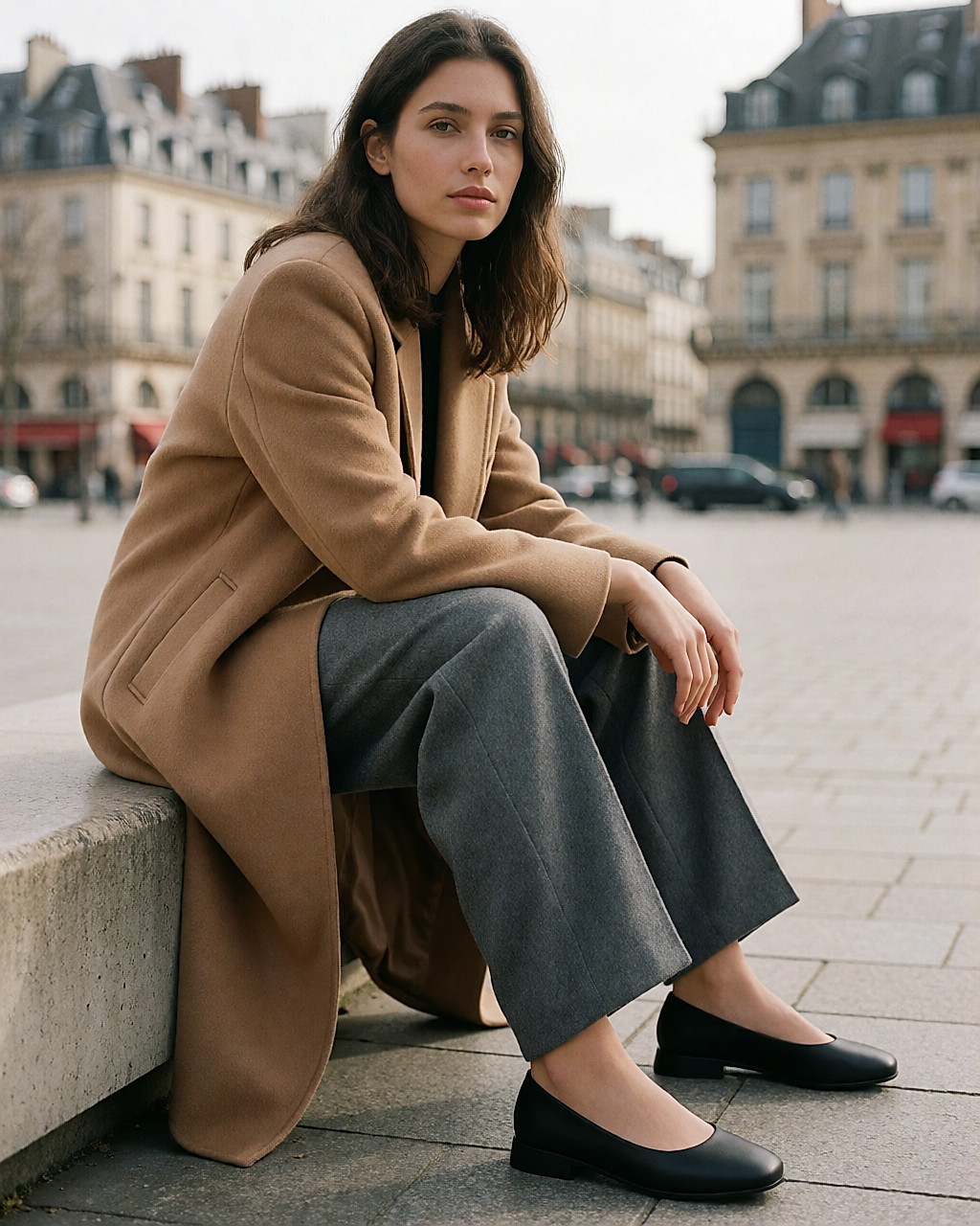 Jeune femme assise sur un banc, ballerines noires mates à semelle épaisse et bout carré